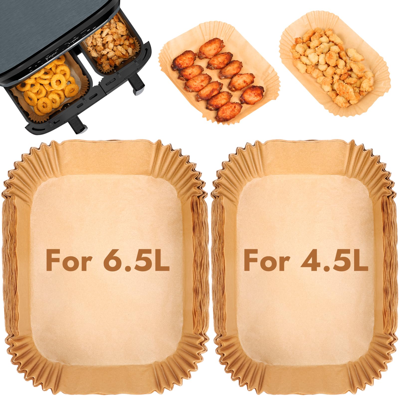 BYKITCHEN 100 pezzi di carta da forno Airfryer per friggitrice ad aria calda Tefal Dual Easy Fry XXL, 11 litri (6,5 l + 4,5 l), accessori per friggitrice ad aria calda Tefal Airfryer EY942BE0