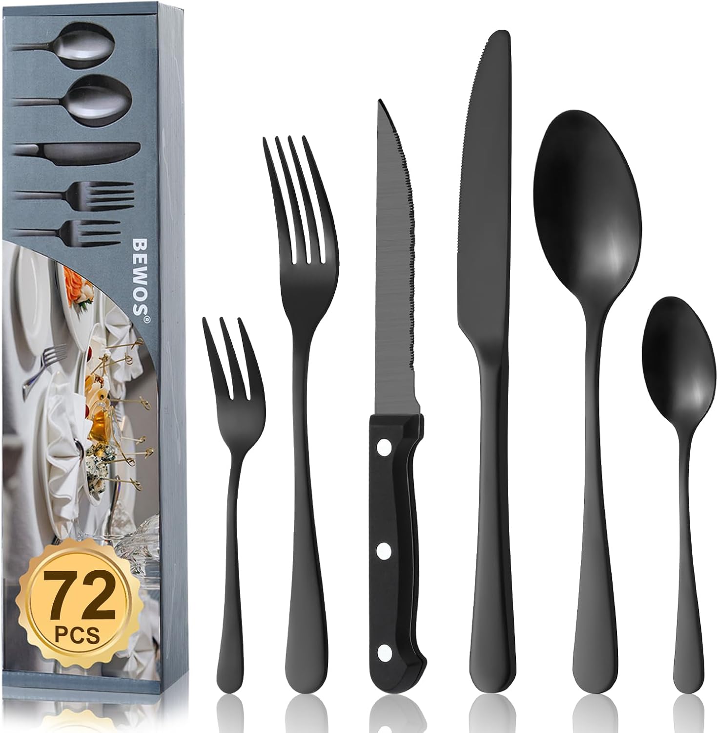Bewos Set Posate 72 Pezzi per 12 Persone, Acciaio Inox Nero - immagine 1
