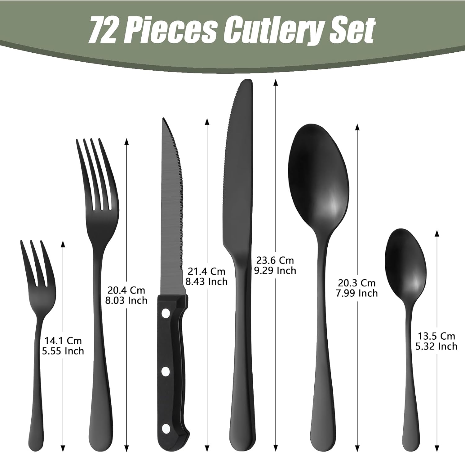 Bewos Set Posate 72 Pezzi per 12 Persone, Acciaio Inox Nero - immagine 2