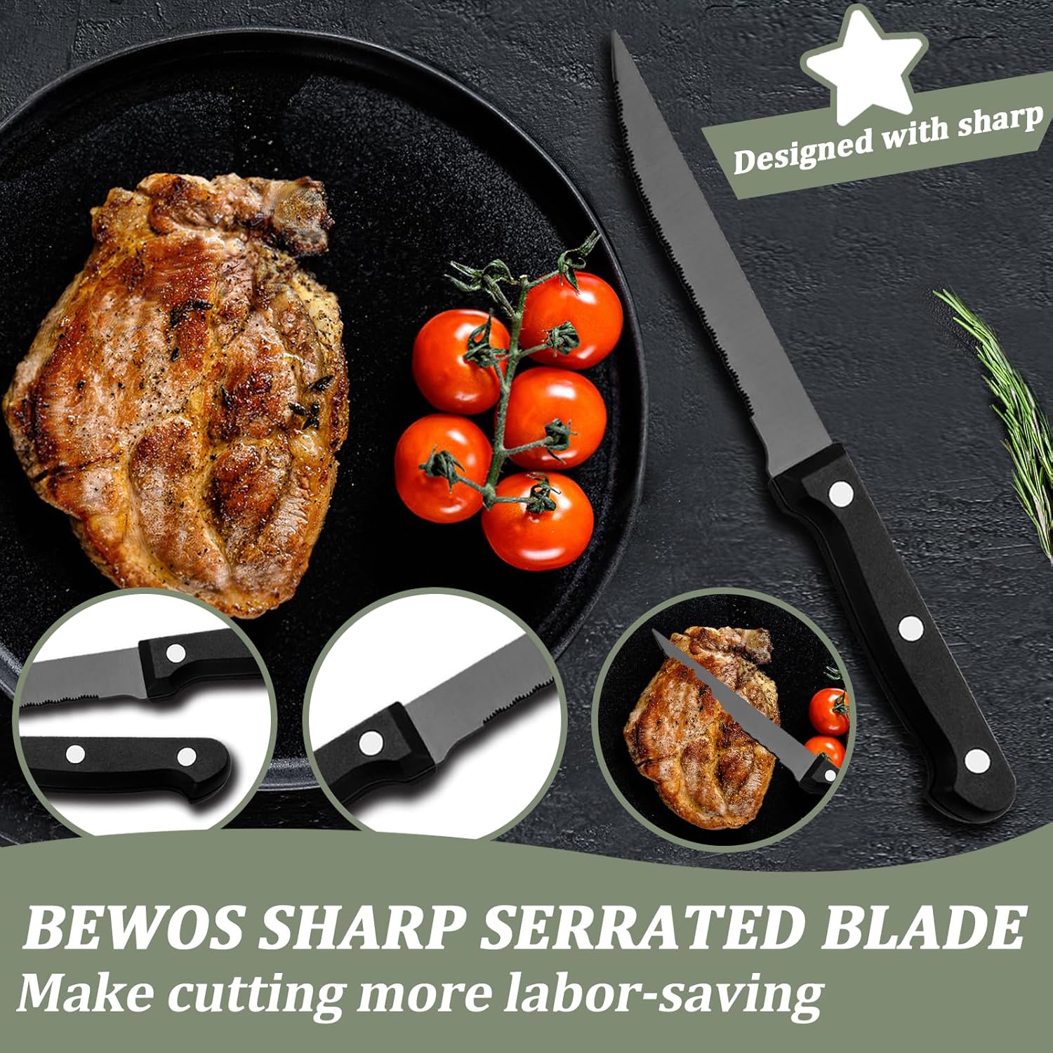 Bewos Set Posate 72 Pezzi per 12 Persone, Acciaio Inox Nero - immagine 6