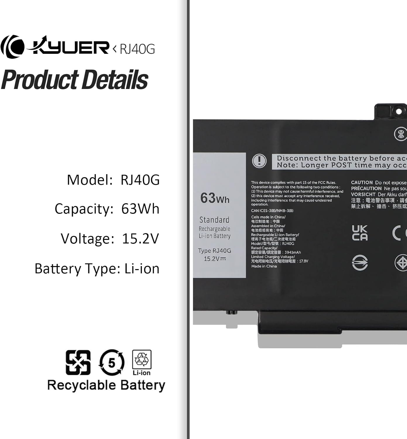 K Kyuer RJ40G Batteria Laptop per Dell Latitude/Precision - immagine 3