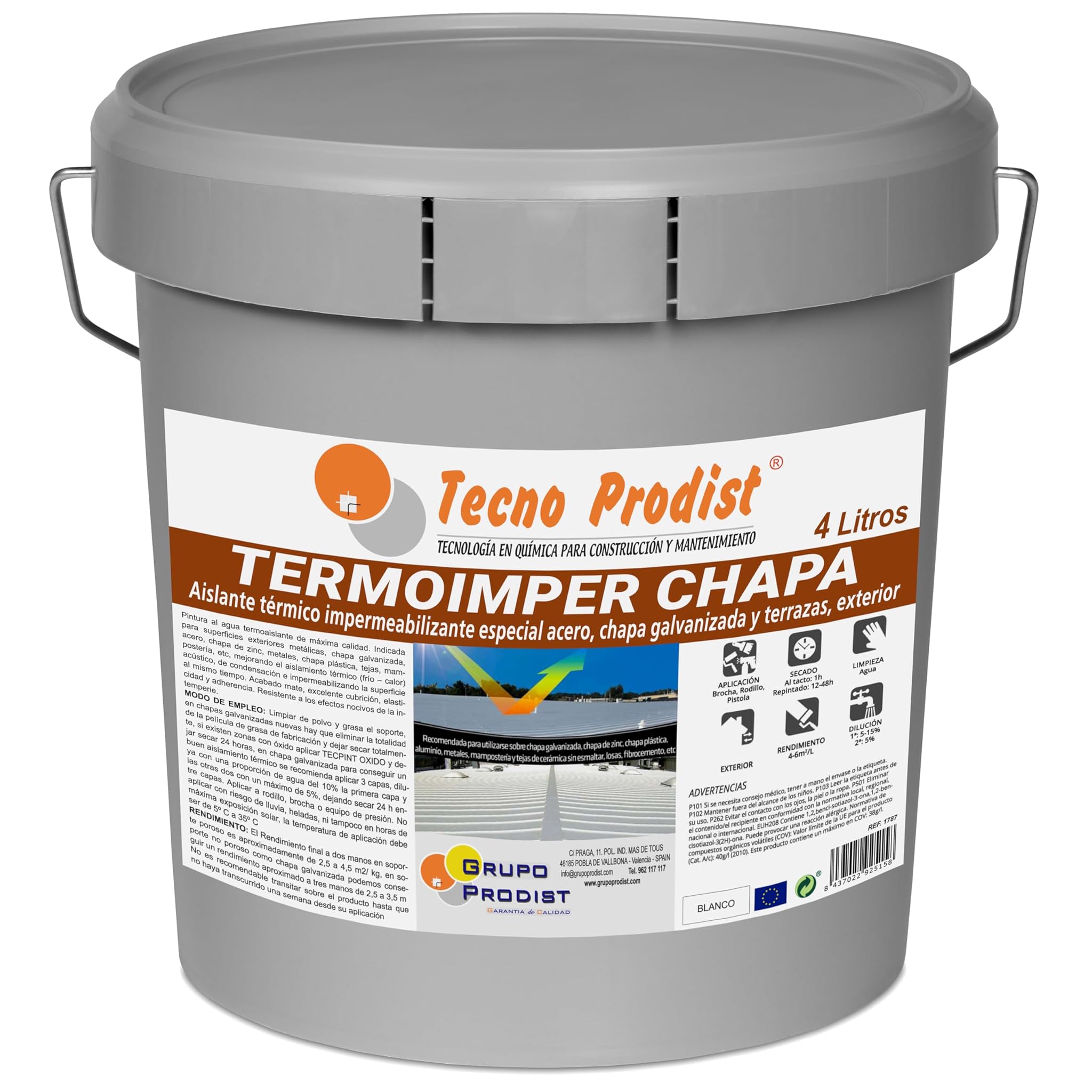 TERMOIMPER CHAPA di Tecno Prodist - 4 Lt (BIANCO OTTICO) Idropittura termoisolante per esterni - Vernice per acciaio, lamiera zincata e terrazze – Isola da caldo e freddo (Rullo, Pennello, Pistola)
