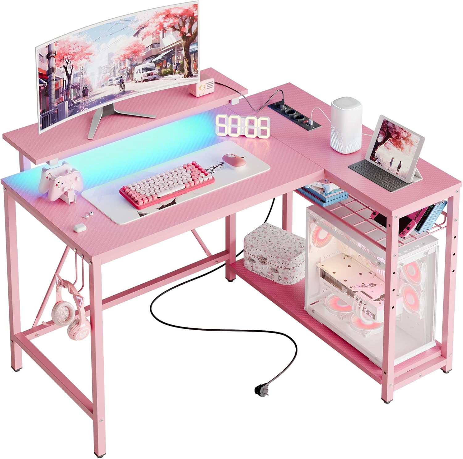 Bestier Scrivania a L con Prese e Luci LED 106,5cm