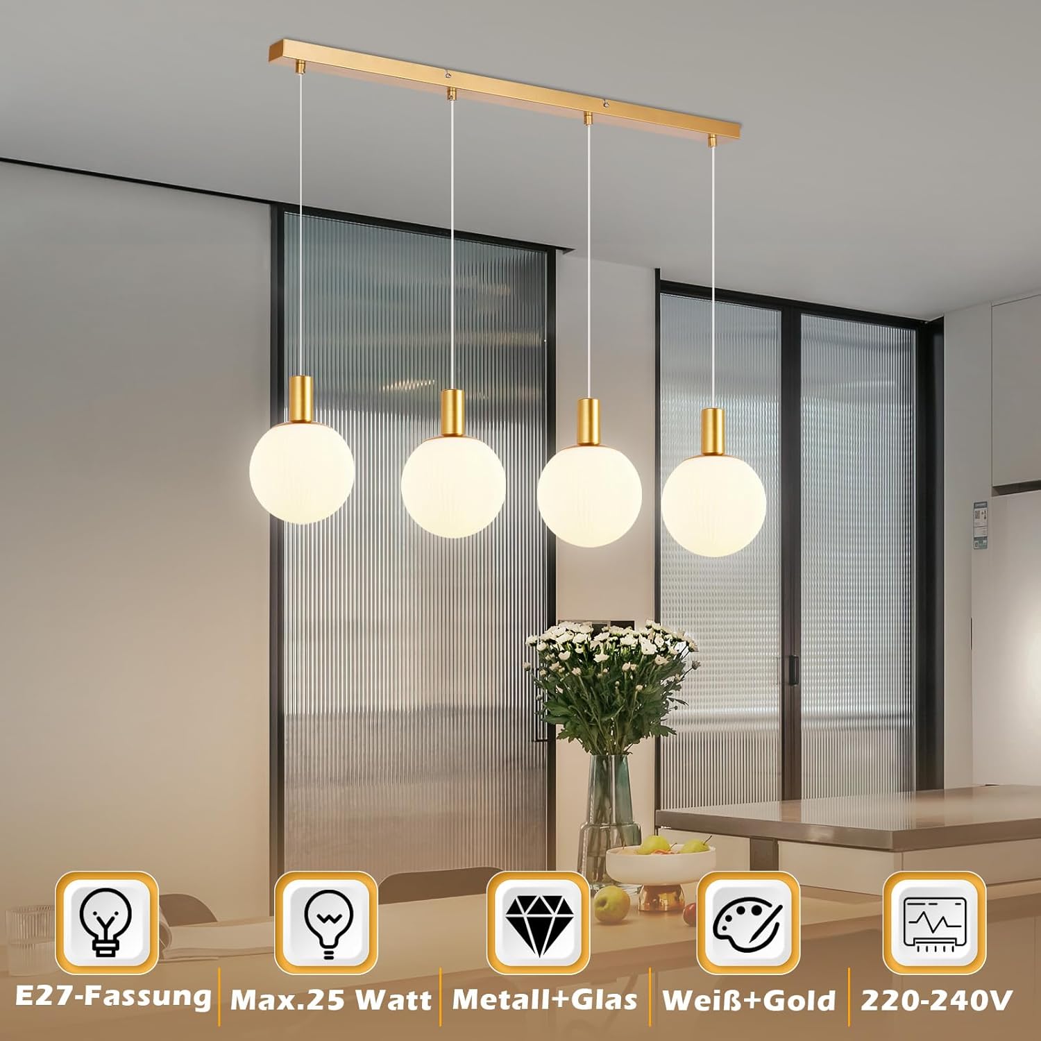 Lampada a Sospensione 4 Fiamme in Vetro, Oro - immagine 3