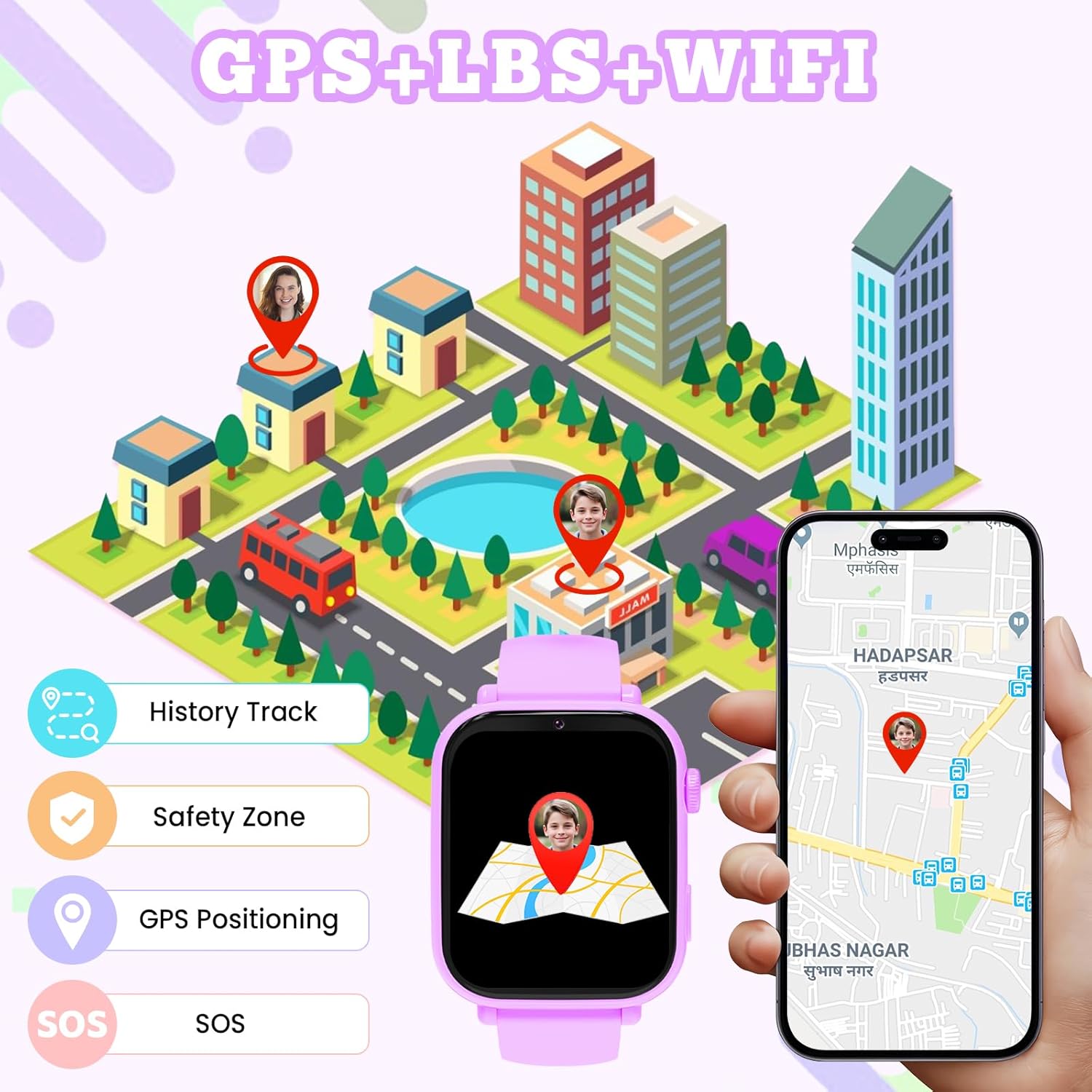 Smartwatch Bambini GPS 4G con Telefono, Viola - immagine 3