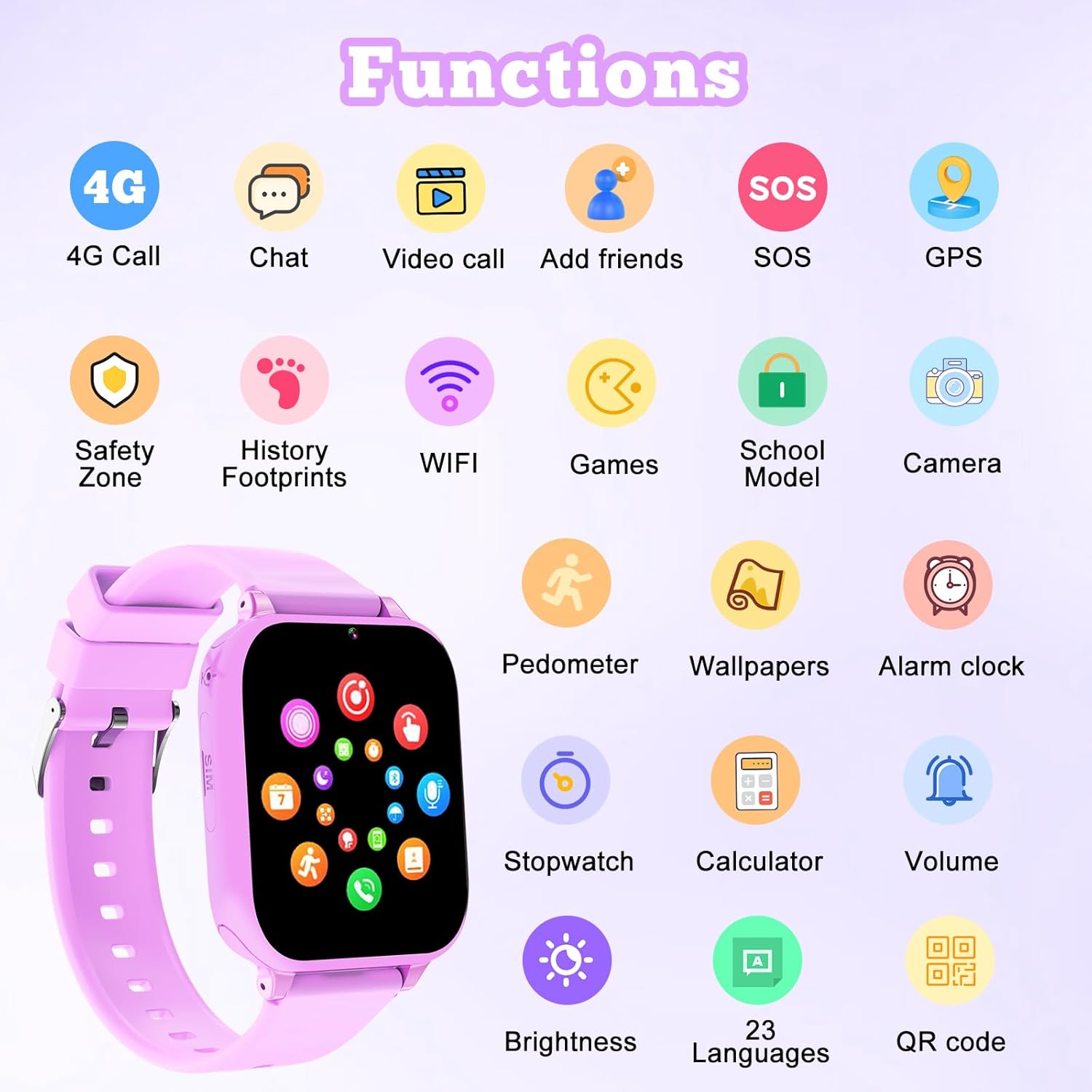 Smartwatch Bambini GPS 4G con Telefono, Viola - immagine 4