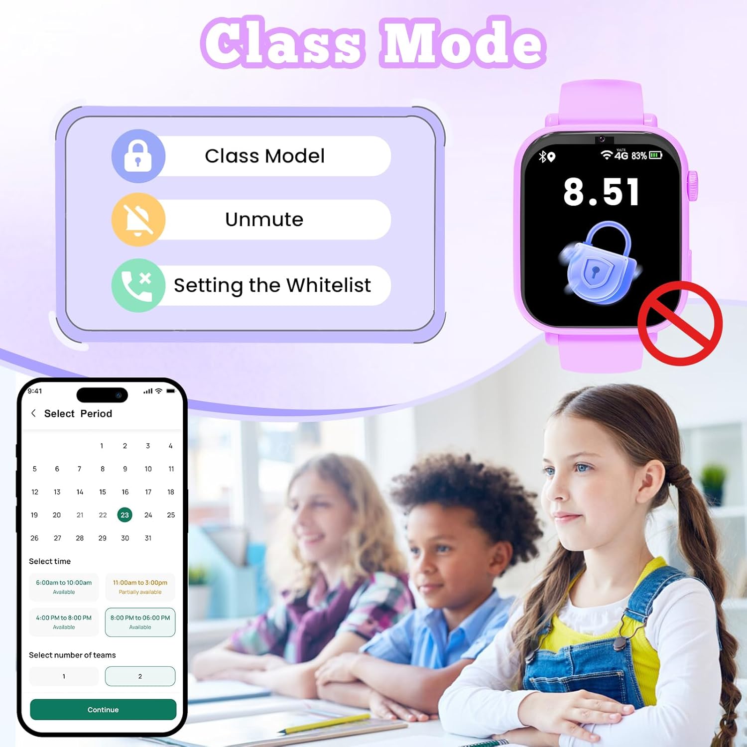 Smartwatch Bambini GPS 4G con Telefono, Viola - immagine 6