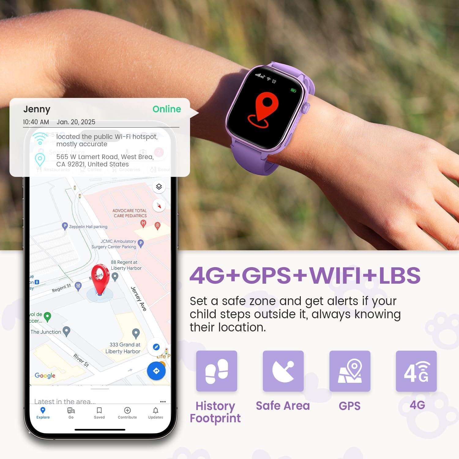 Ruxingx 4G Smartwatch Bambini IP68 GPS, Viola - immagine 3