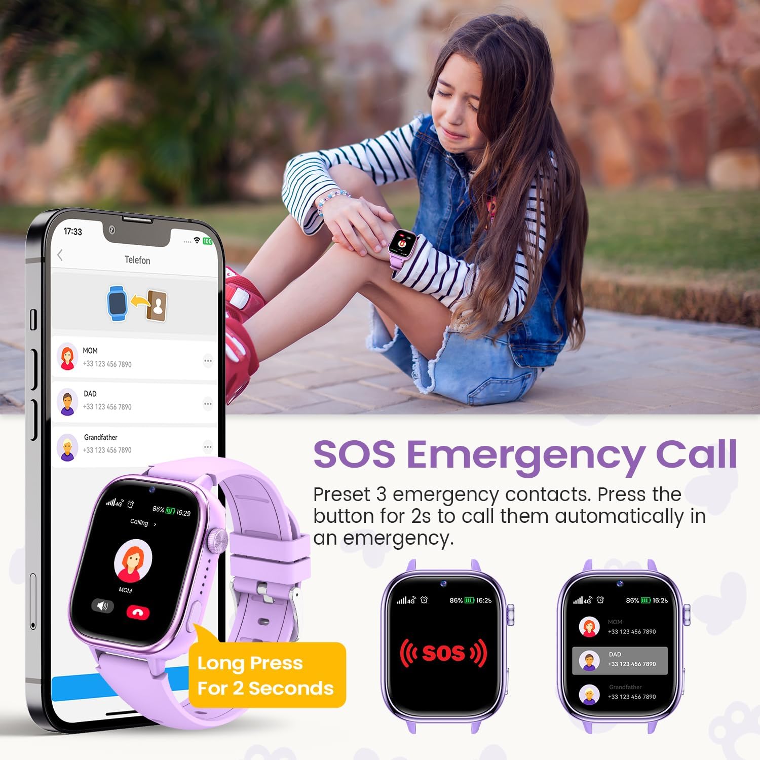 Ruxingx 4G Smartwatch Bambini IP68 GPS, Viola - immagine 4