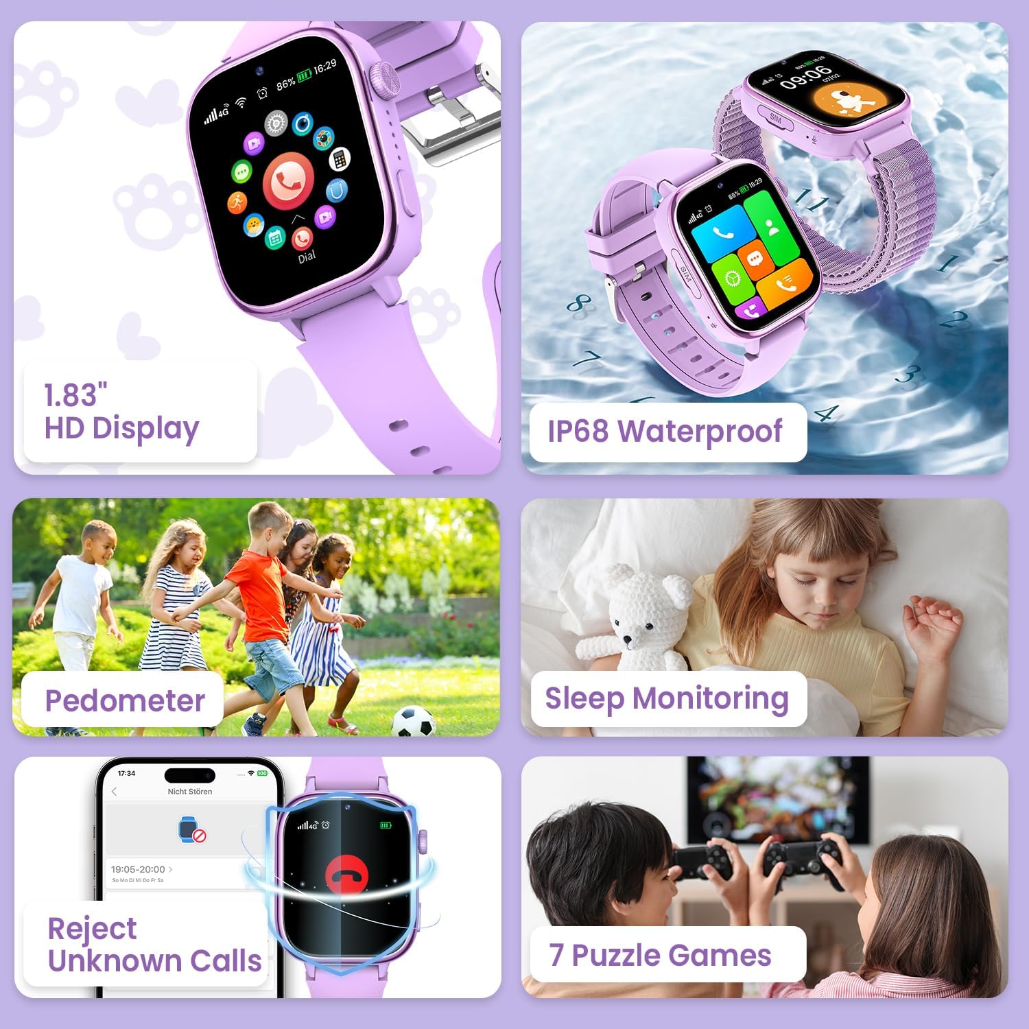 Ruxingx 4G Smartwatch Bambini IP68 GPS, Viola - immagine 6