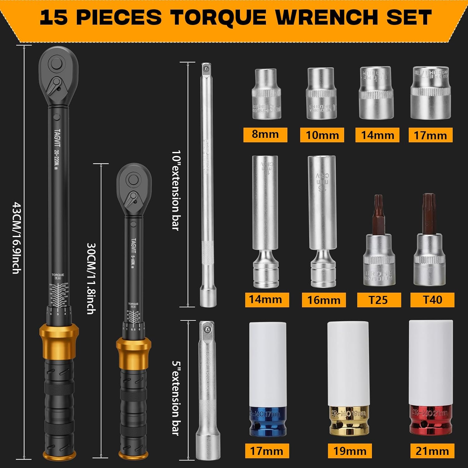 Tagvit Chiave Dinamometrica 1/2" & 3/8" 15 Pezzi - immagine 2