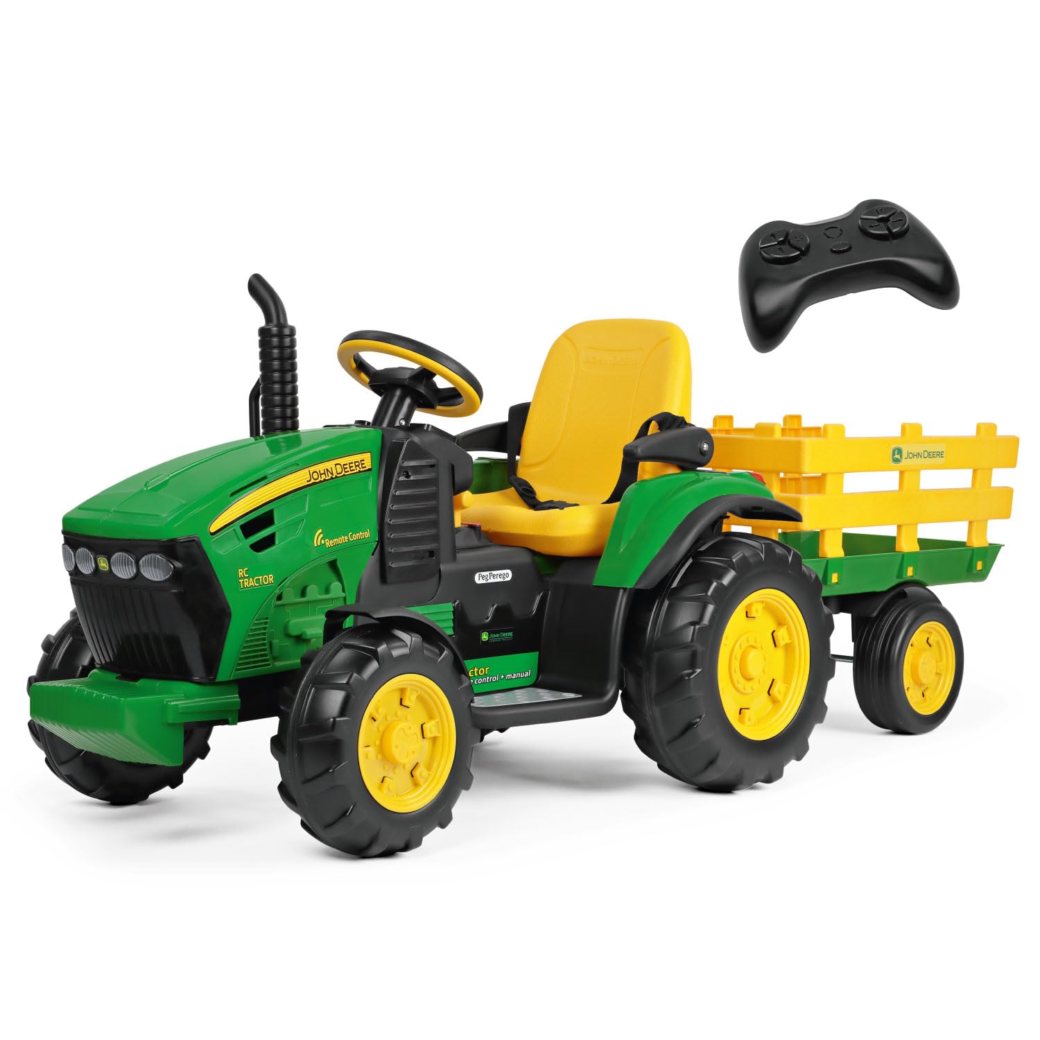 Peg Perego John Deere RC Tractor - Trattore Elettrico Cavalcabile e Telecomandato per Bambini, 12V, con Rimorchio, Telecomando, 2 Ruote Motrici, Radio FM, da 1 Anno