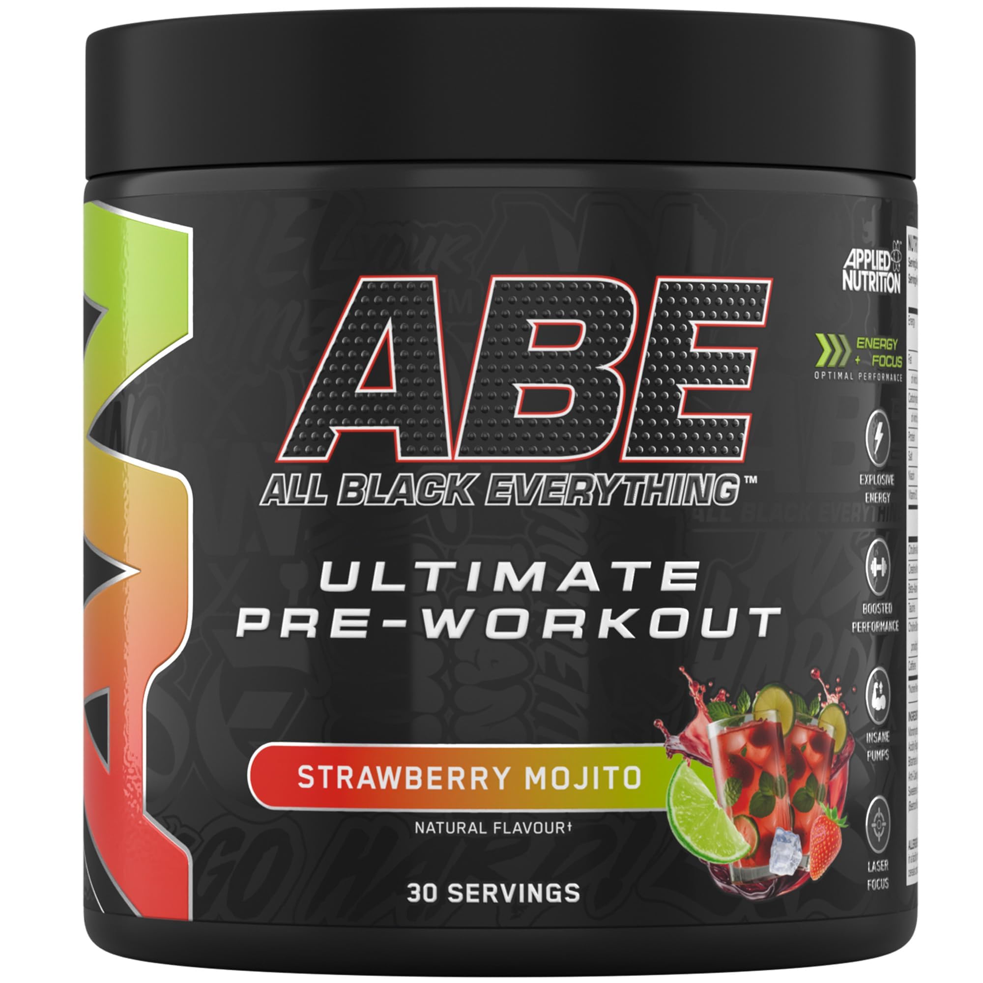 Applied Nutrition ABE All Black Everything Pre Workout Powder Energy, Performance fisica con citrullina, creatina, beta alanina, caffeina, Vitamina B complex, 315 gr, 30 porzioni (Strawberry Mojito)