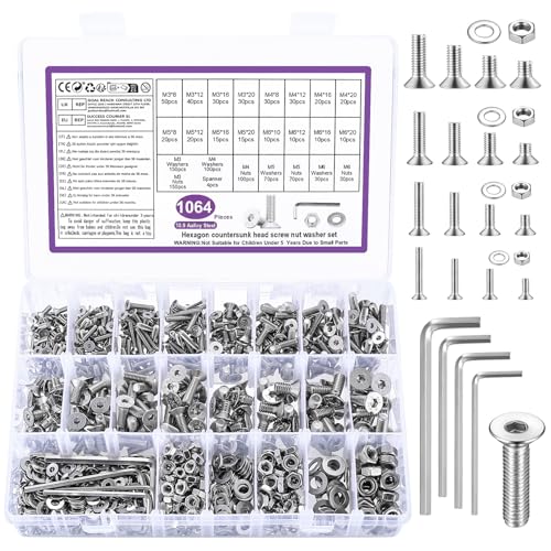 1064 Pz M3 M3 M5 M6 Set di Viti, Bulloni e Dadi Set, Bulloni Vite a Testa Svasata Esagonale e Dadi e Rondelle, Viti a Testa Piatta con Esagono Incassato, Argento