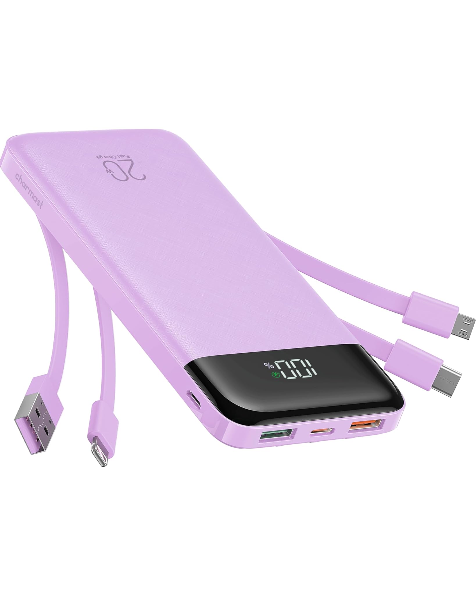 Charmast Power Bank 20000mAh con Cavi Integrati, Viola