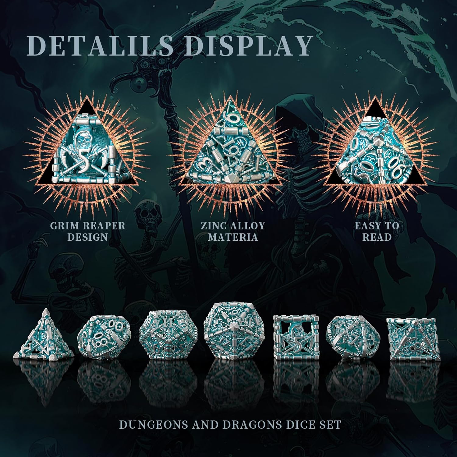 D&D - Set Dadi Metallo Cavi 7 Pezzi, Blu e Bianchi - immagine 4