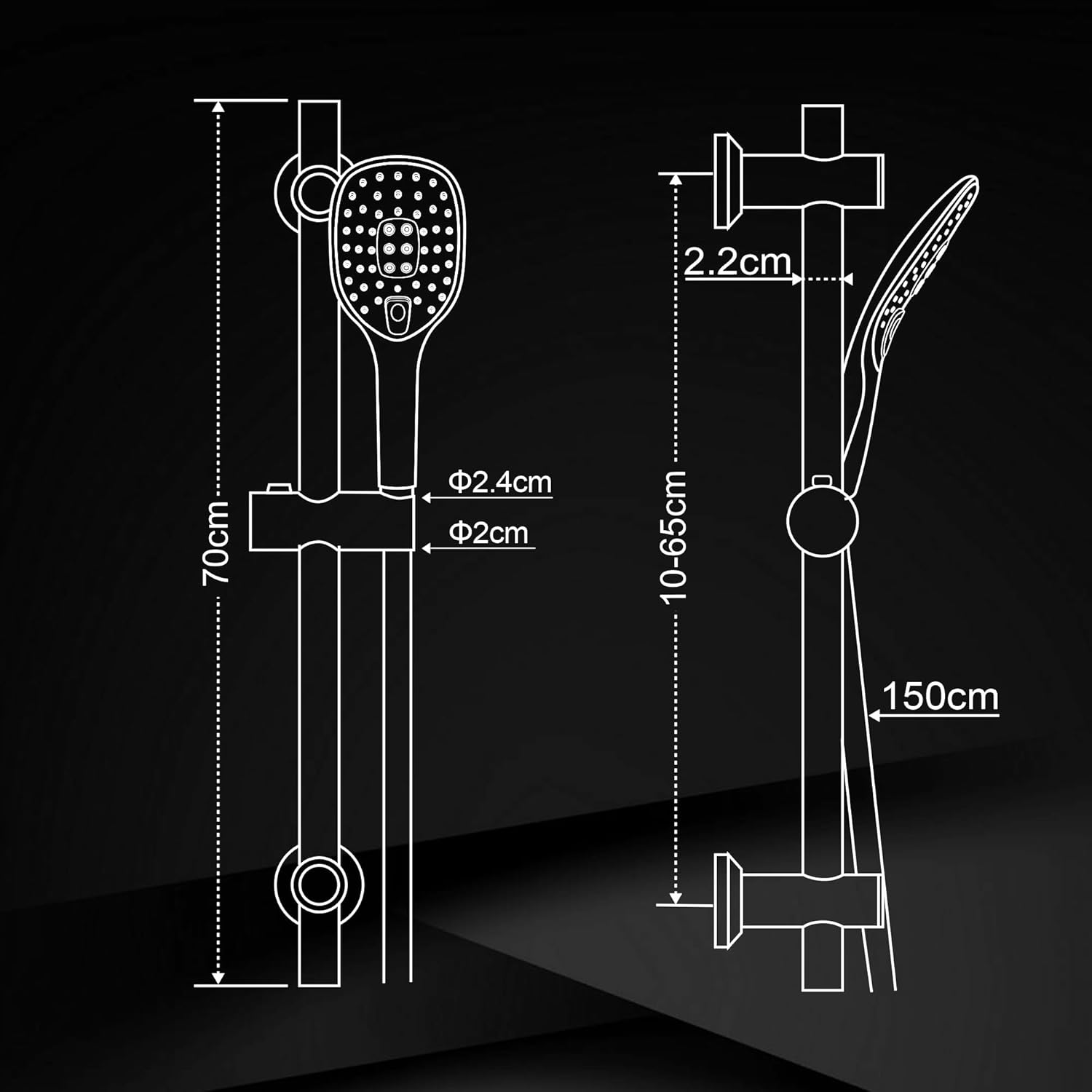 Görbach Colonna Doccia con Doccetta e Asta 70cm, Nero - immagine 6