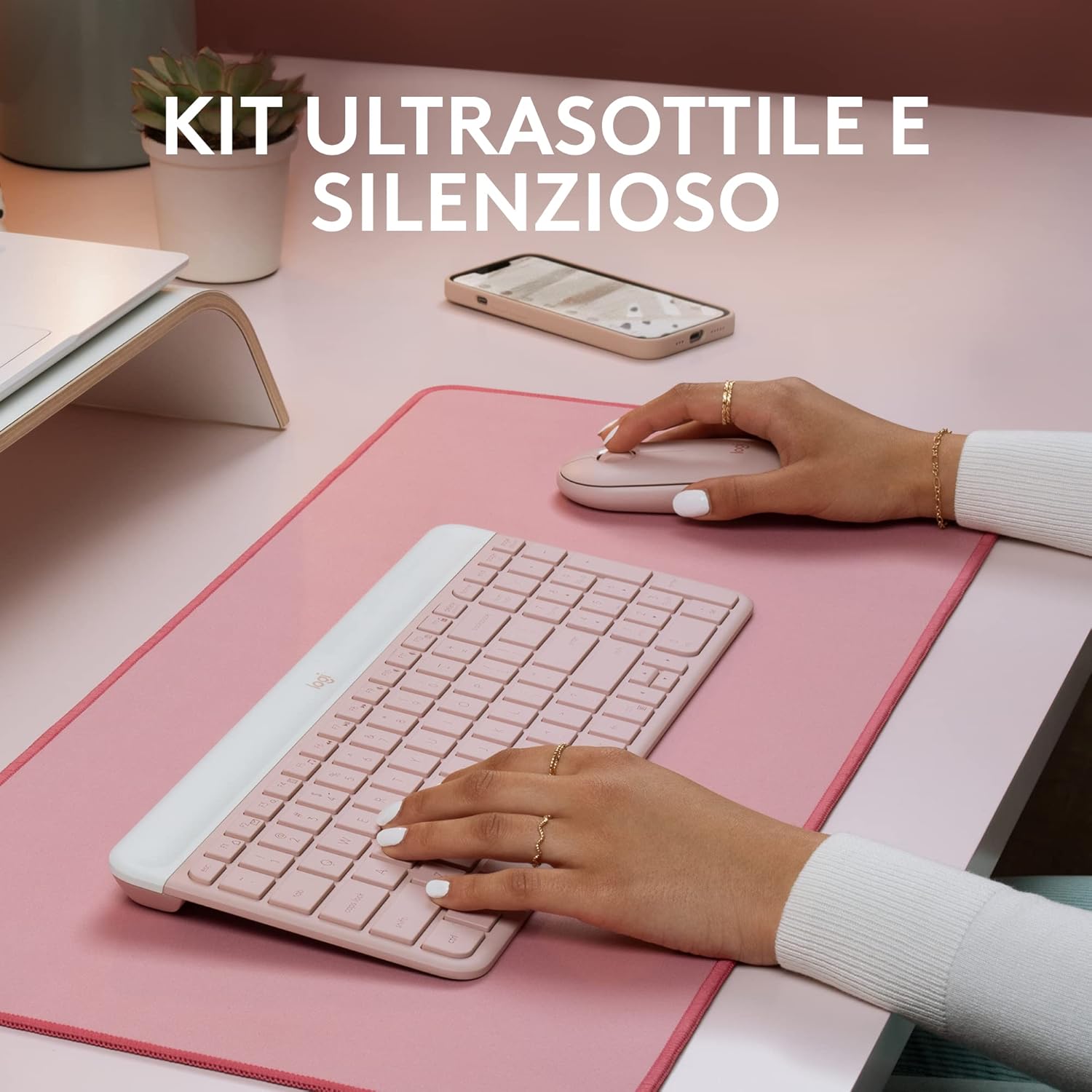 Logitech MK470 Slim Kit Tastiera e Mouse Wireless, Rosa - immagine 3