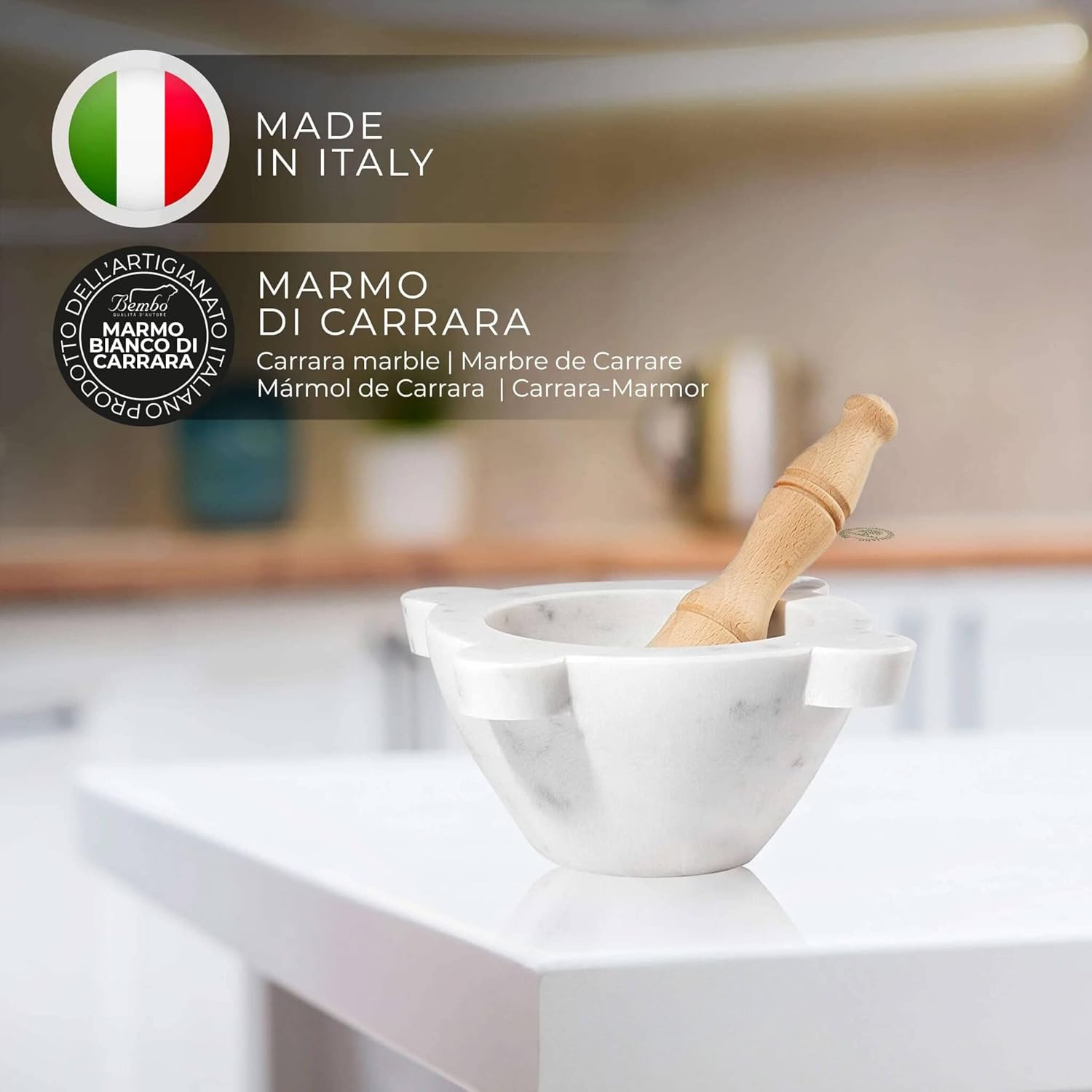 Mortaio Artigianale Bembo in Marmo Bianco di Carrara - immagine 2