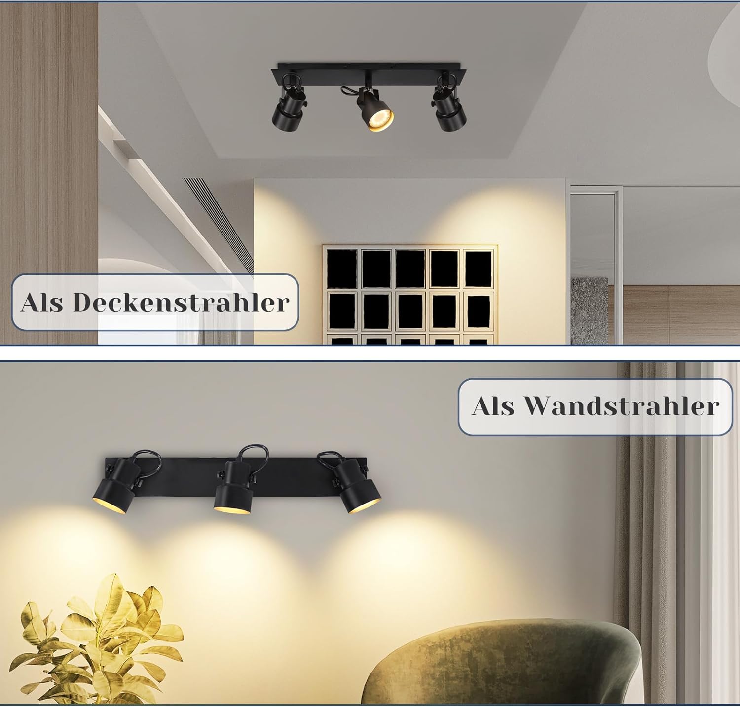 Cbjktx Faretto da Soffitto 3 Luci Orientabili Nere GU10 - immagine 3