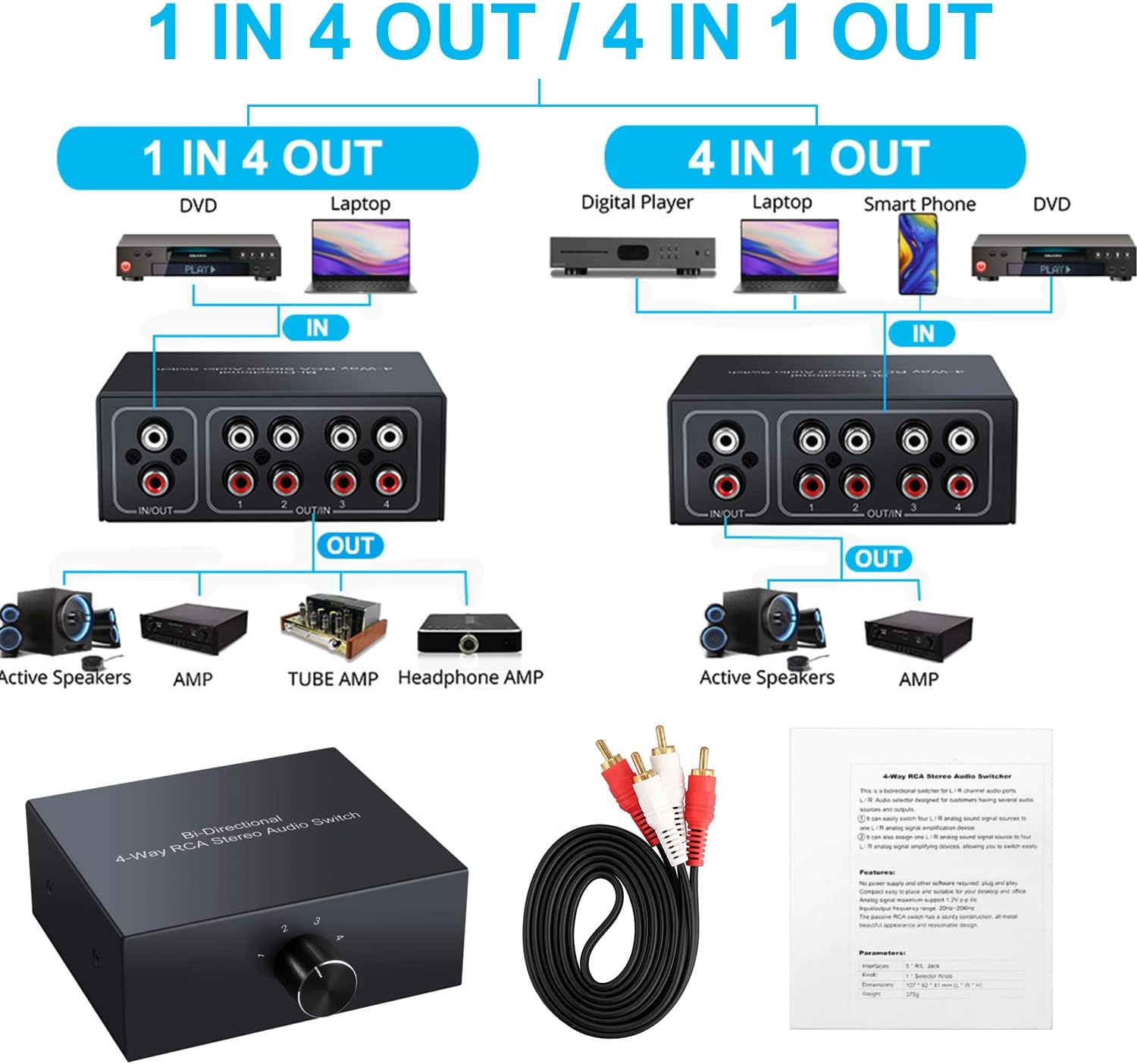 Commutatore Audio Stereo Bidirezionale L/R RCA a 4 Vie - immagine 3
