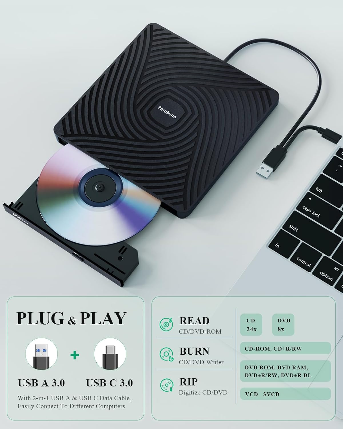 Perobuno Masterizzatore DVD Esterno USB 3.0 Type-C - immagine 3
