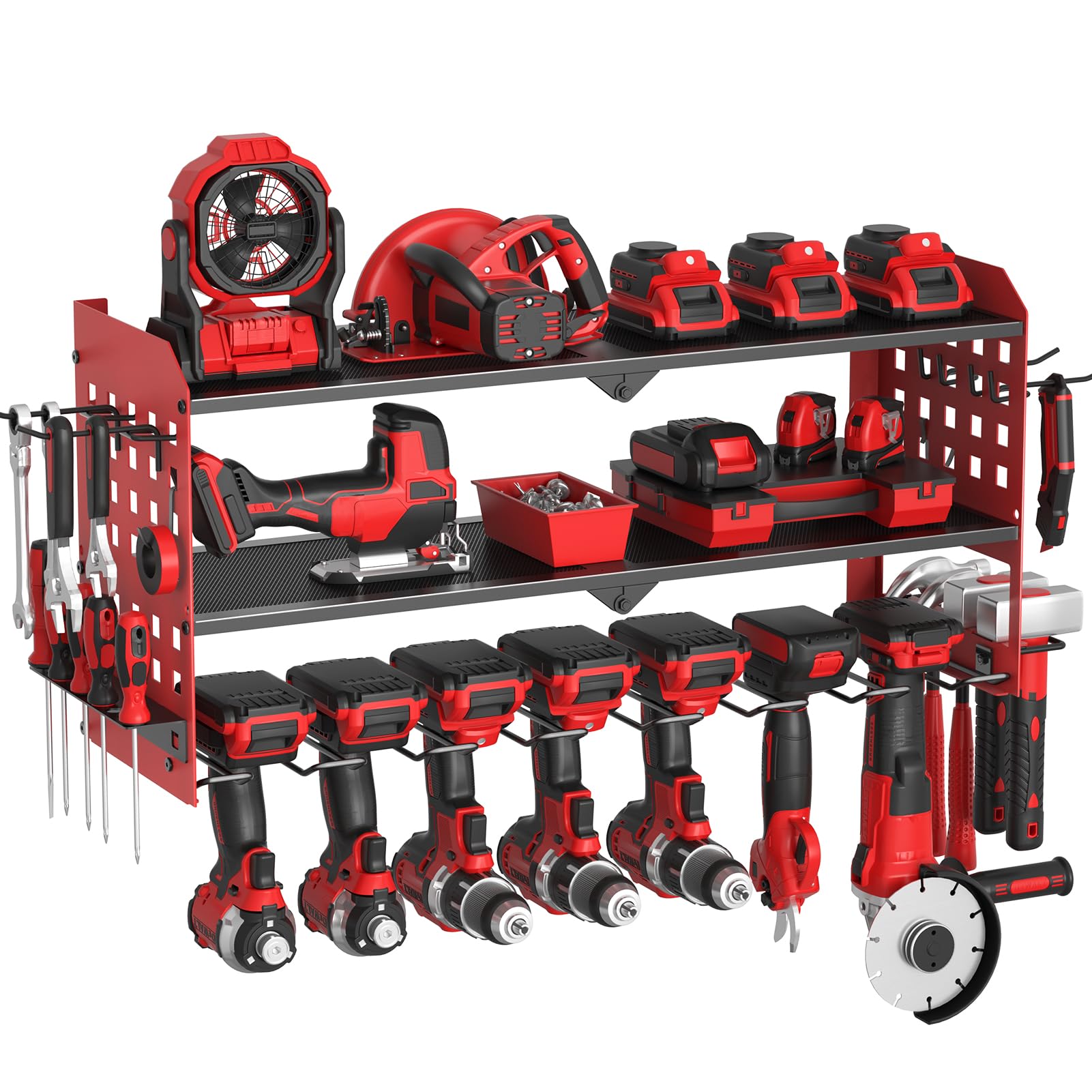 Scaffale da Parete per Utensili Elettrici a 3 Strati, Rosso