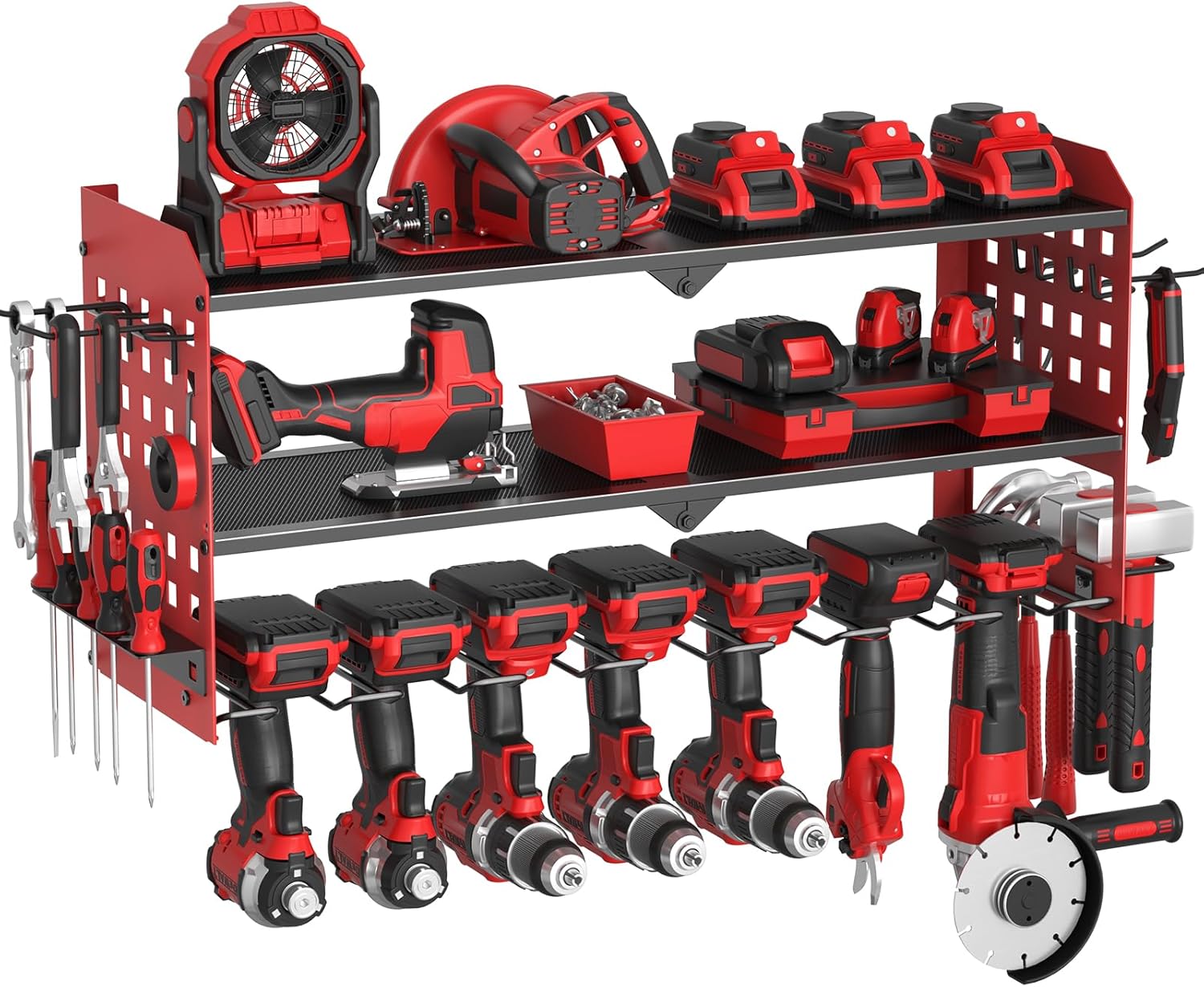 Scaffale da Parete per Utensili Elettrici a 3 Strati, Rosso - immagine 1
