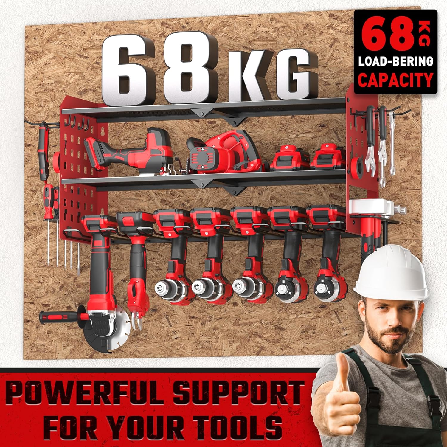 Scaffale da Parete per Utensili Elettrici a 3 Strati, Rosso - immagine 2