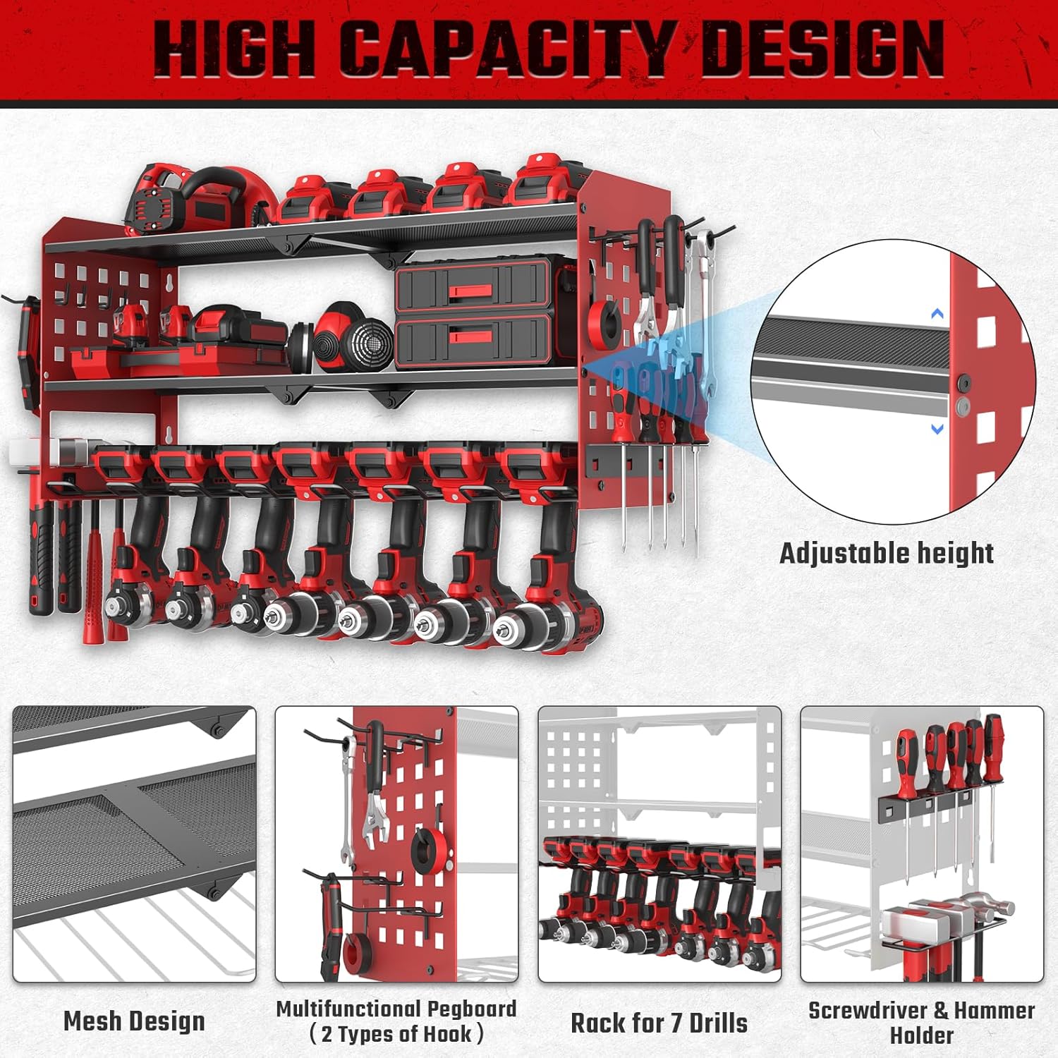 Scaffale da Parete per Utensili Elettrici a 3 Strati, Rosso - immagine 3