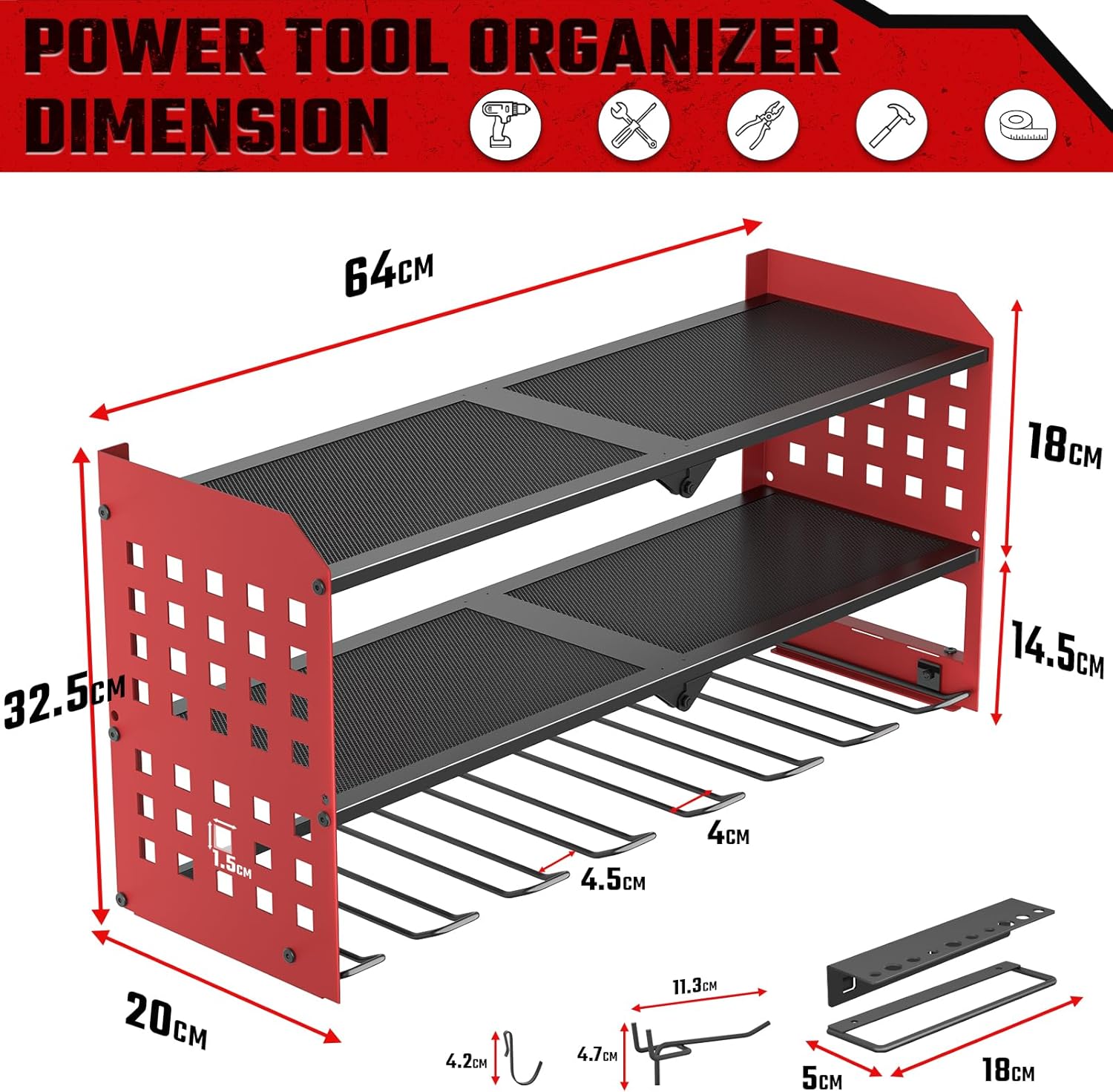 Scaffale da Parete per Utensili Elettrici a 3 Strati, Rosso - immagine 4