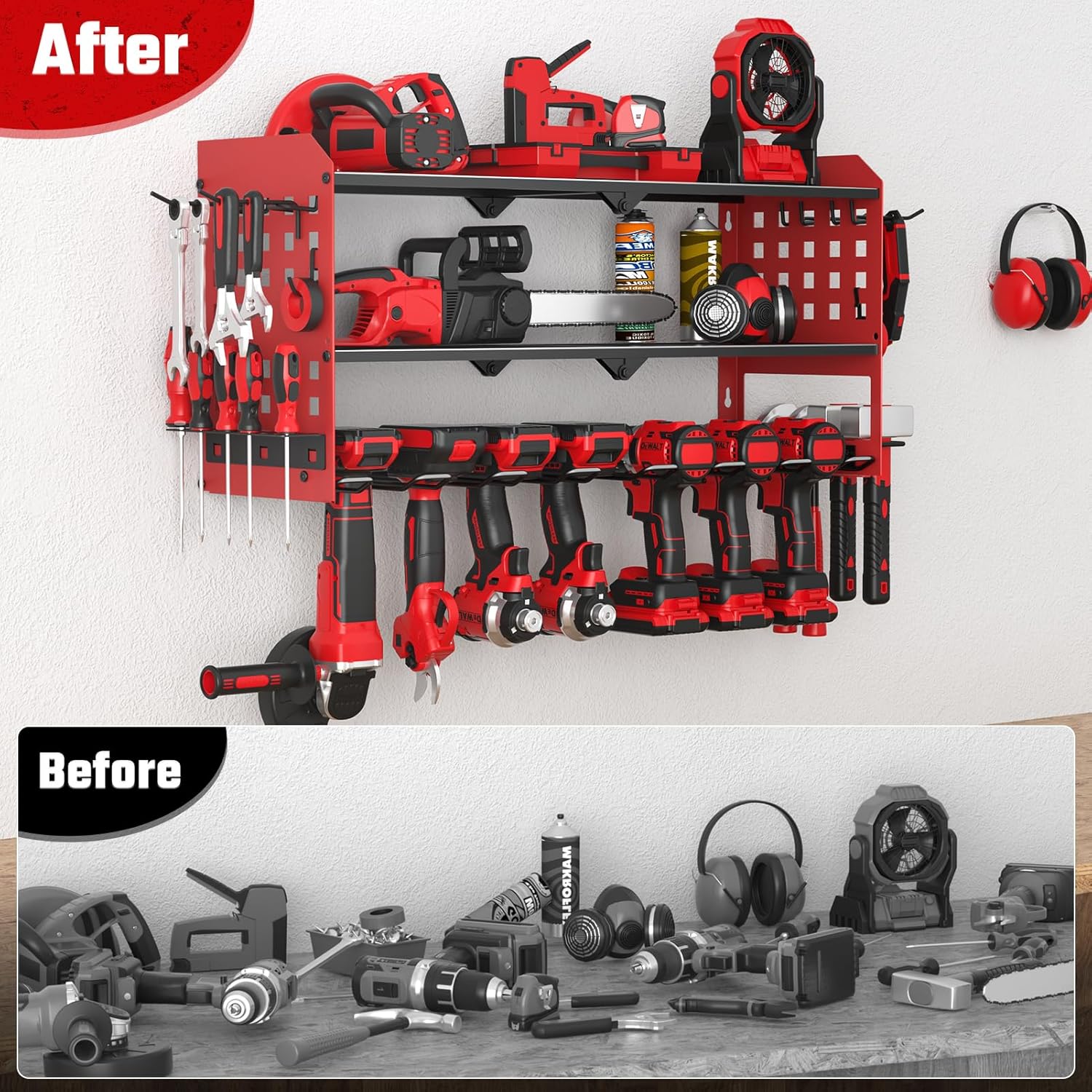 Scaffale da Parete per Utensili Elettrici a 3 Strati, Rosso - immagine 5