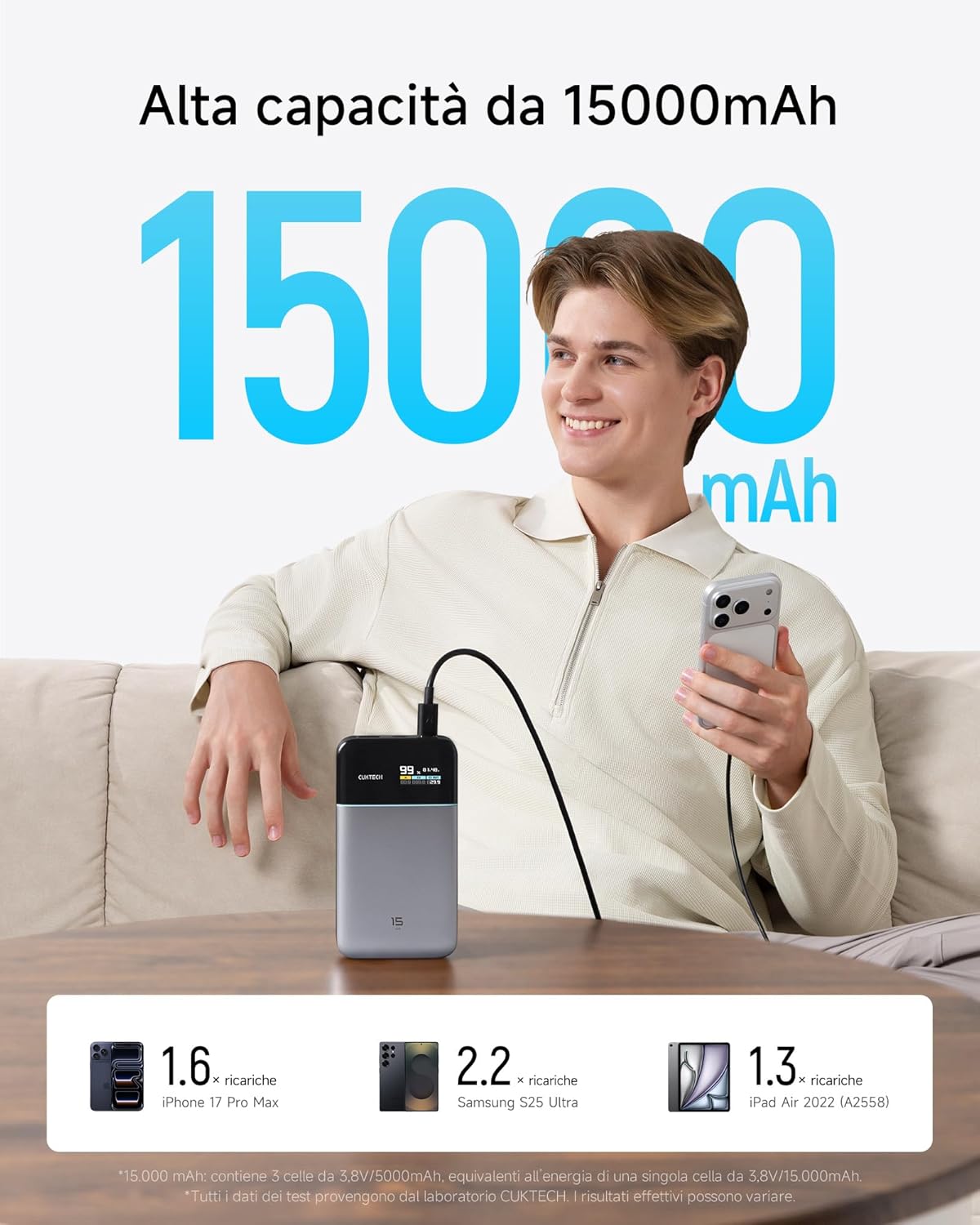 Cuktech Power Bank 15000mAh 100W Max 3 Porte - immagine 3