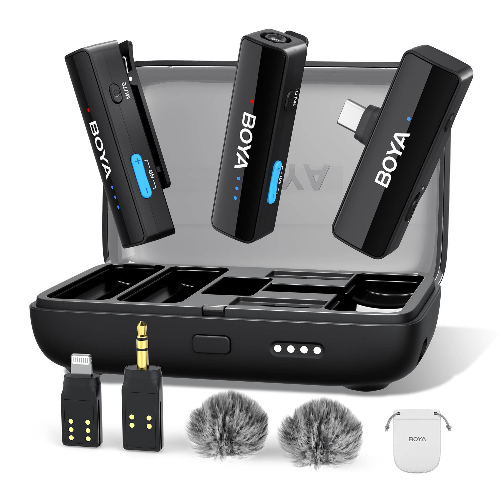 Boya BOYALINK - Microfono Lavalier senza fili 3 in 1, doppia clip su microfono a spina, durata 30H per iPhone Android fotocamera, cancellazione del rumore per registrazione audio video