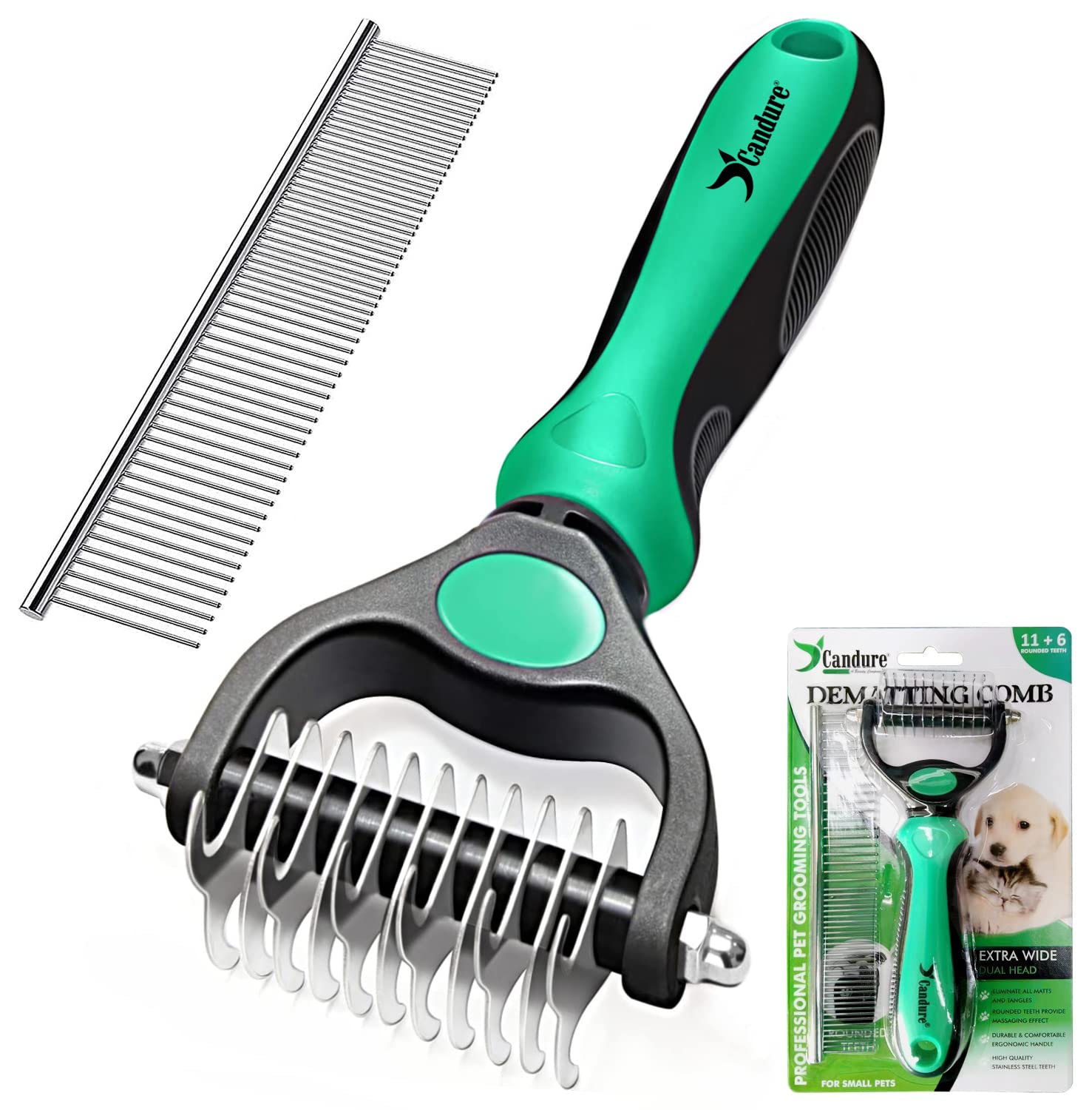 Candure Spazzola per Cani, Pettine Gatti per Pelo Acciaio Inossidabile 11+6 Doppia Faccia Strumento di Deshedding Animali per Cane Pelo Lungo, Medio e Corto (Verde)