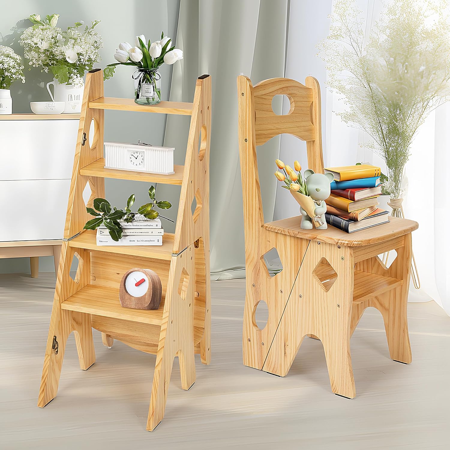 Sgabello Pieghevole da Biblioteca 2 in 1 in Legno