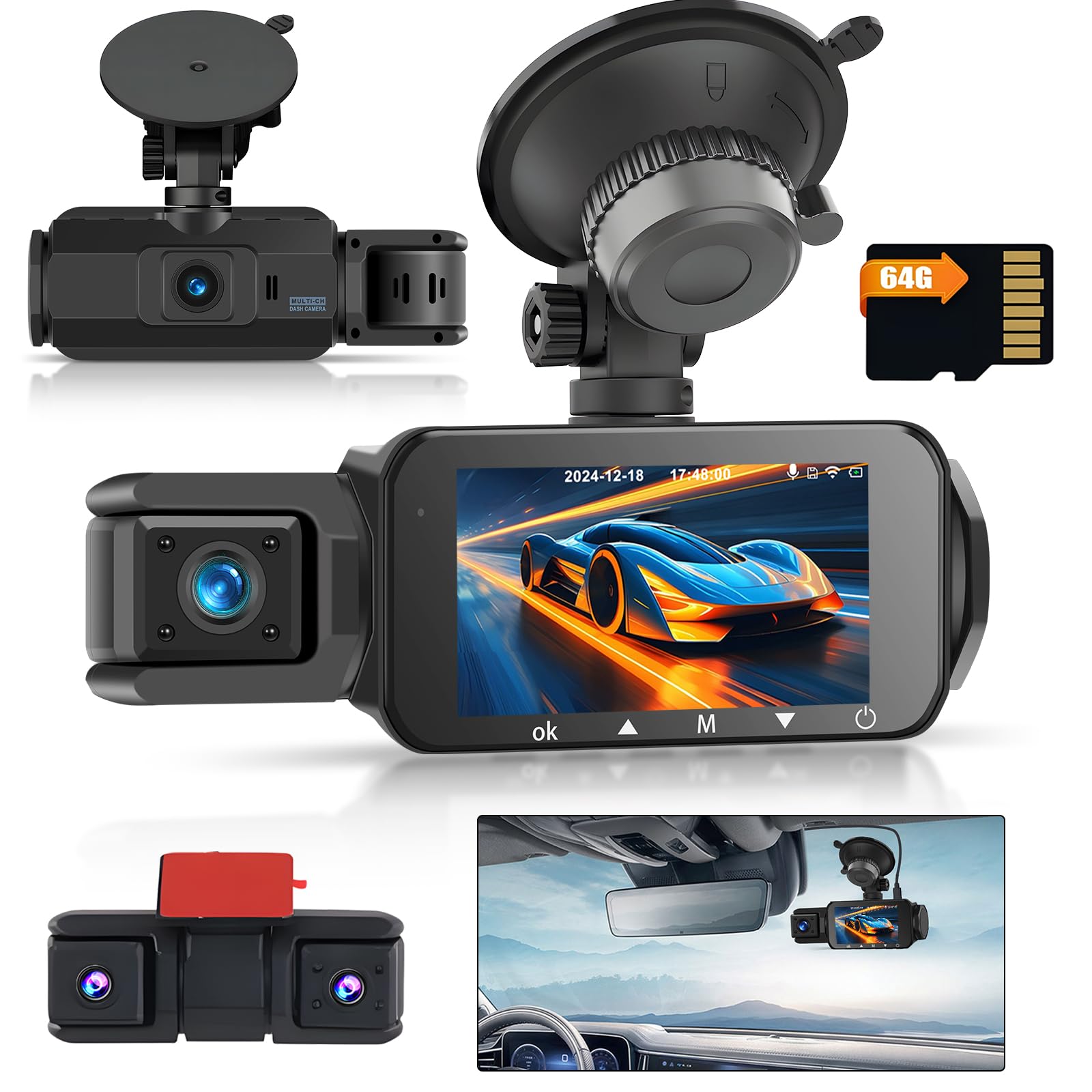 Hikity Dashcam 3.0" 2K WiFi Four Telecamere con TF 64G