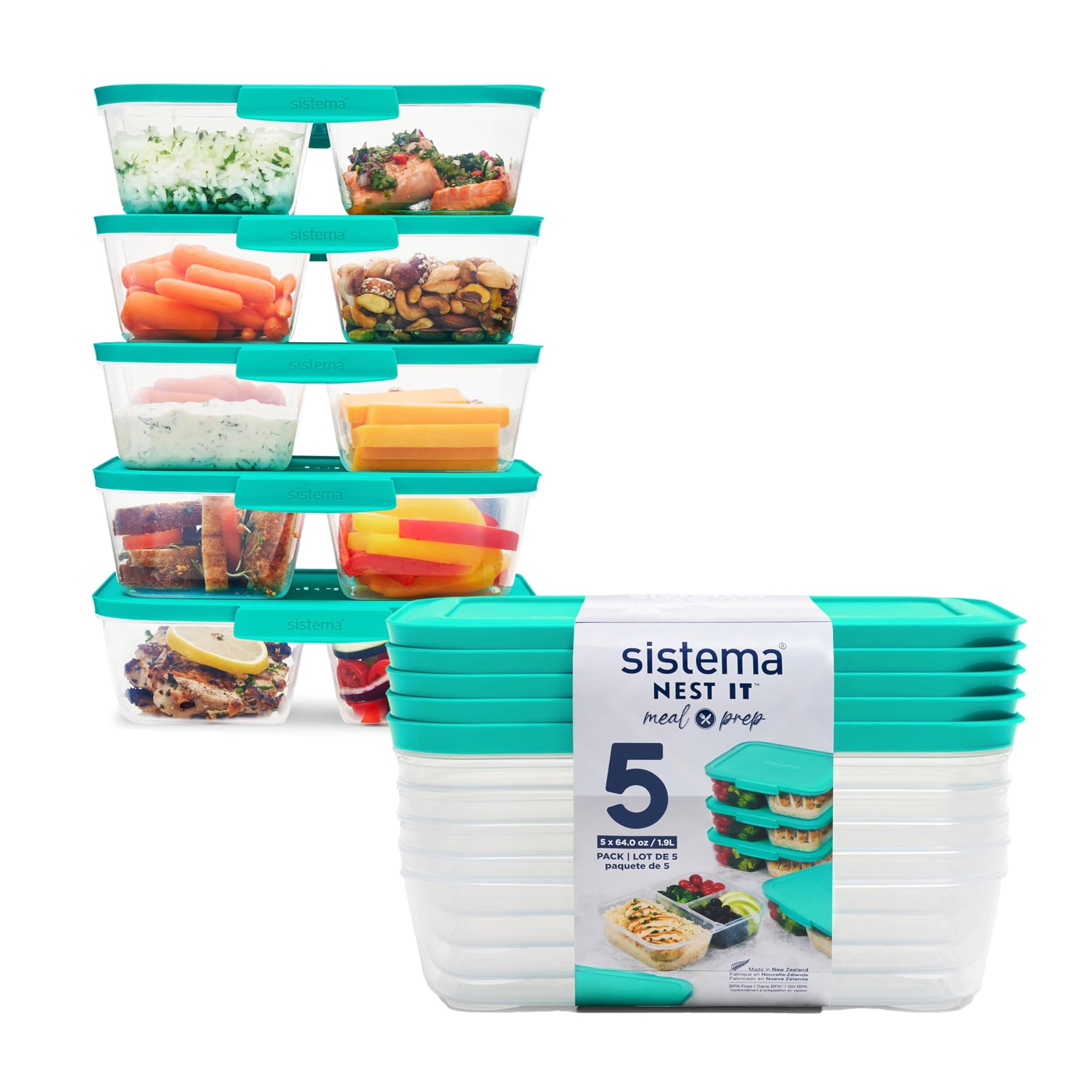 Sistema NEST IT contenitori per preparazione dei pasti | 1,9 L | Contenitori ermetici per la conservazione di alimenti, con scomparti e coperchi | Senza BPA | Verde | 5 pezzi