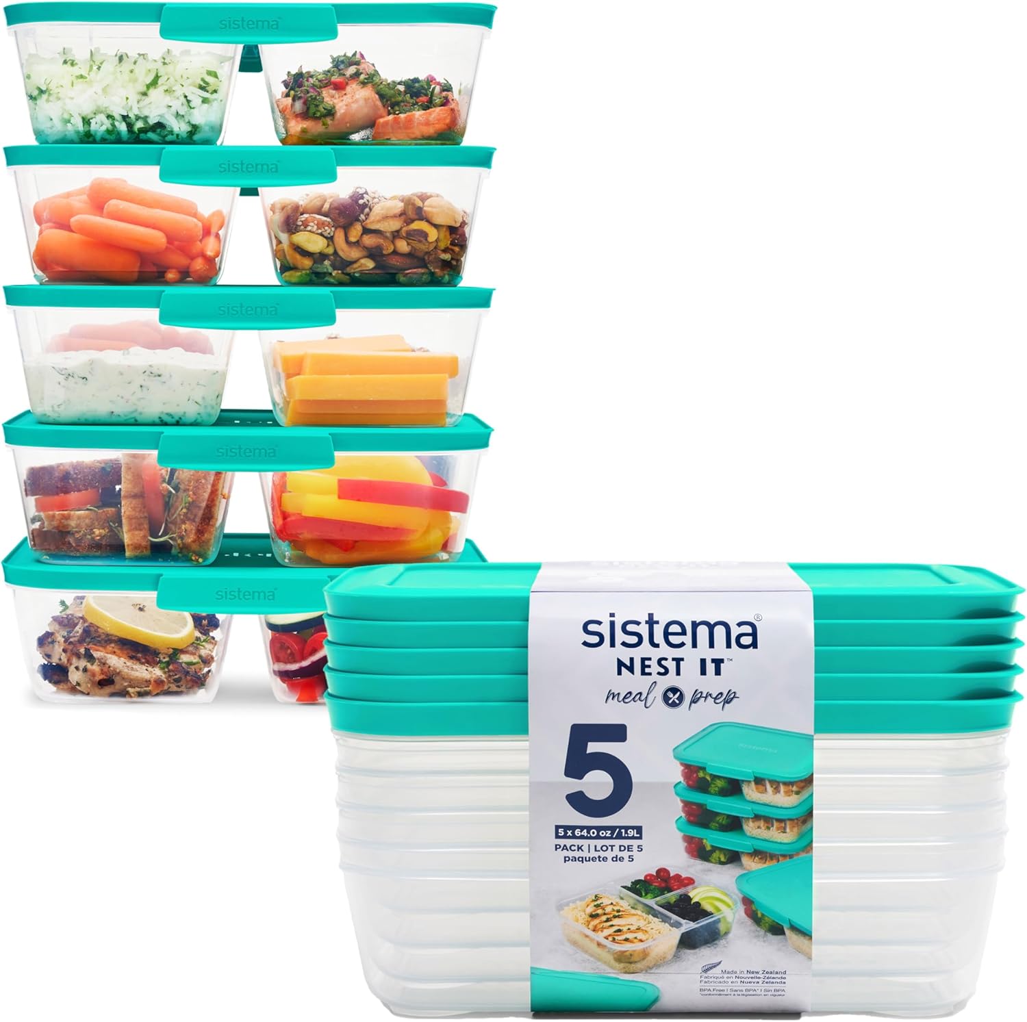 Sistema NEST IT contenitori per preparazione dei pasti | 1,9 L | Contenitori ermetici per la conservazione di alimenti, con scomparti e coperchi | Senza BPA | Verde | 5 pezzi - immagine 1