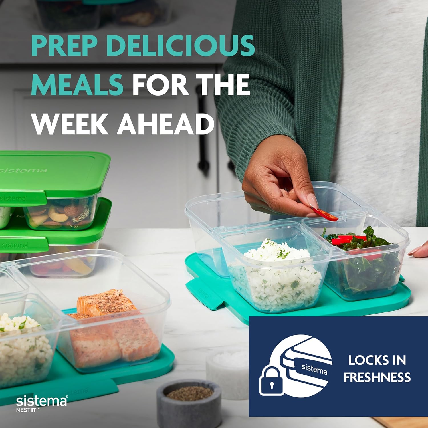 Sistema NEST IT contenitori per preparazione dei pasti | 1,9 L | Contenitori ermetici per la conservazione di alimenti, con scomparti e coperchi | Senza BPA | Verde | 5 pezzi - immagine 2
