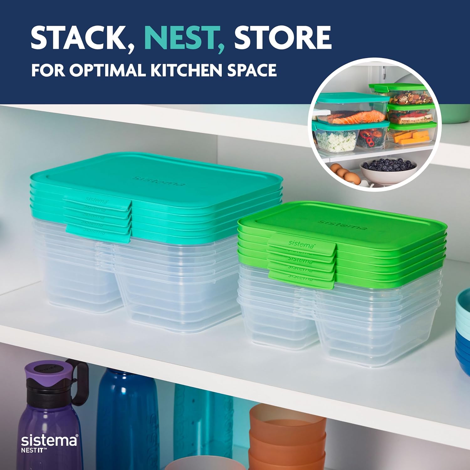 Sistema NEST IT contenitori per preparazione dei pasti | 1,9 L | Contenitori ermetici per la conservazione di alimenti, con scomparti e coperchi | Senza BPA | Verde | 5 pezzi - immagine 4