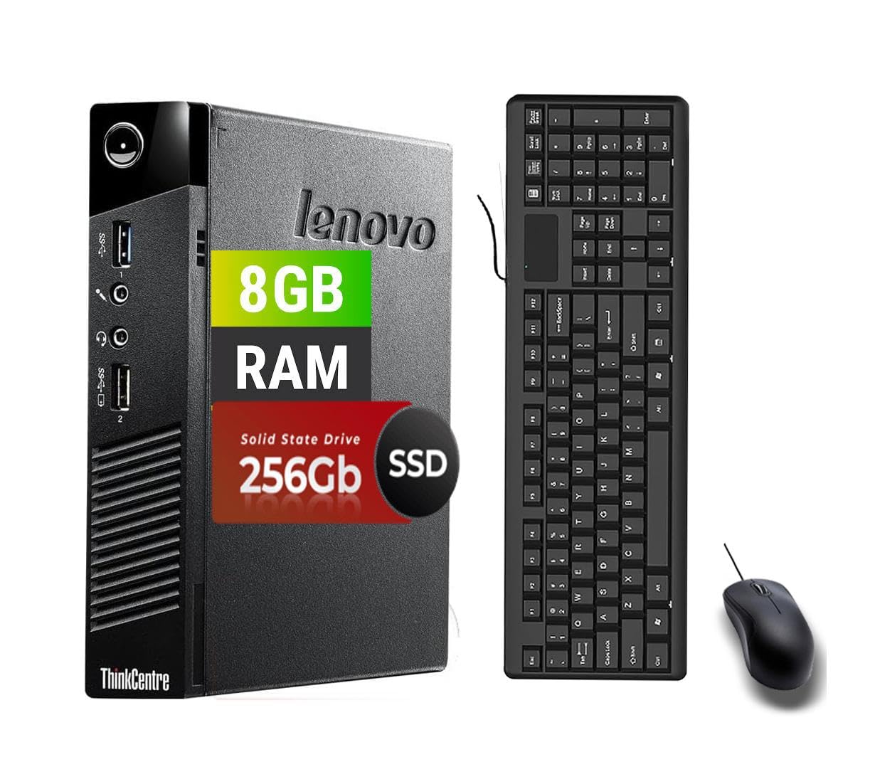 Lenovo ThinkCentre M93P Tiny PC desktop, Intel Core i5-4570T, 256 GB SSD, 8 GB RAM, tastiera QWERTY americana, mouse, USB WiFi, Windows 11 Pro (Renewed)