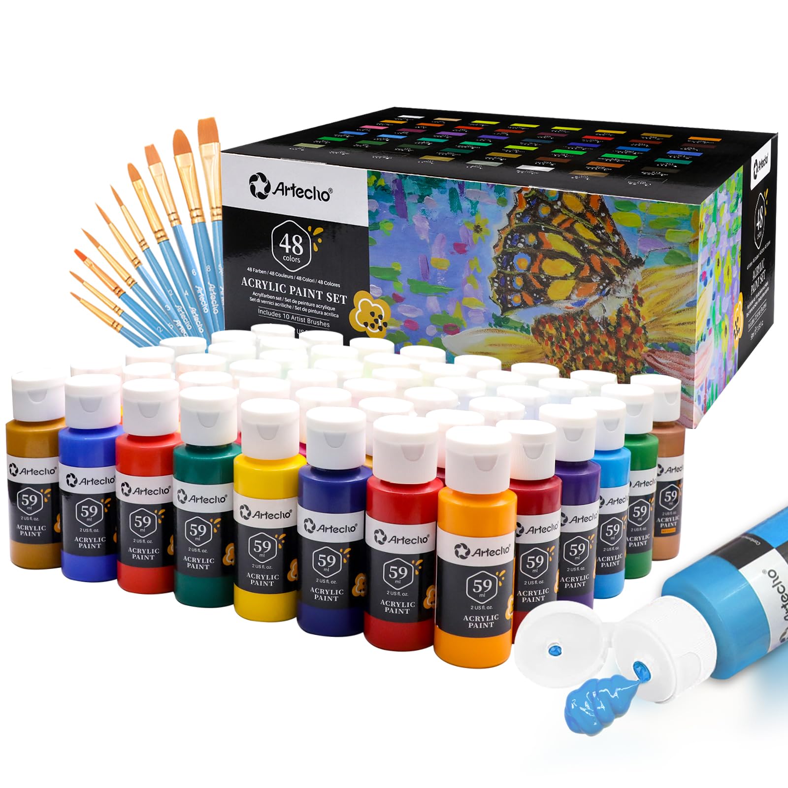 Artecho Set 48 Colori Acrilici 59ml con 10 Pennelli