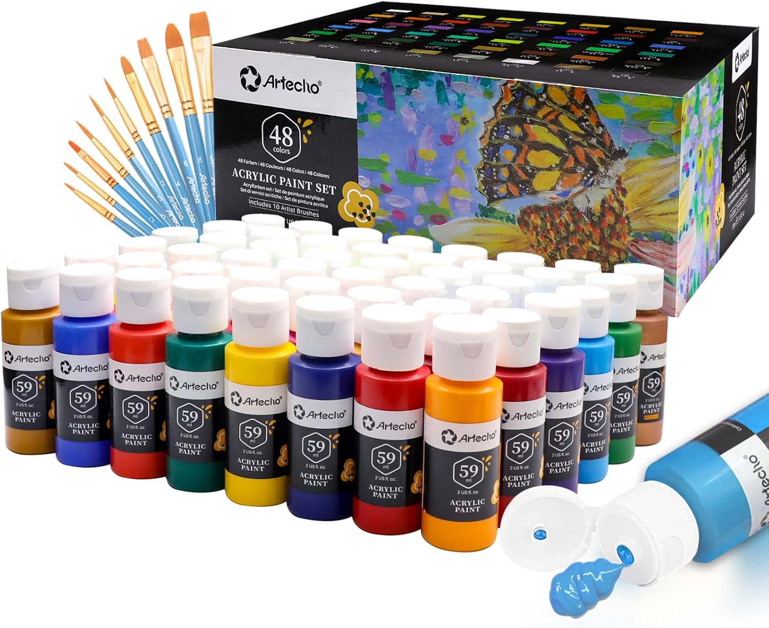 Artecho Set 48 Colori Acrilici 59ml con 10 Pennelli - immagine 1