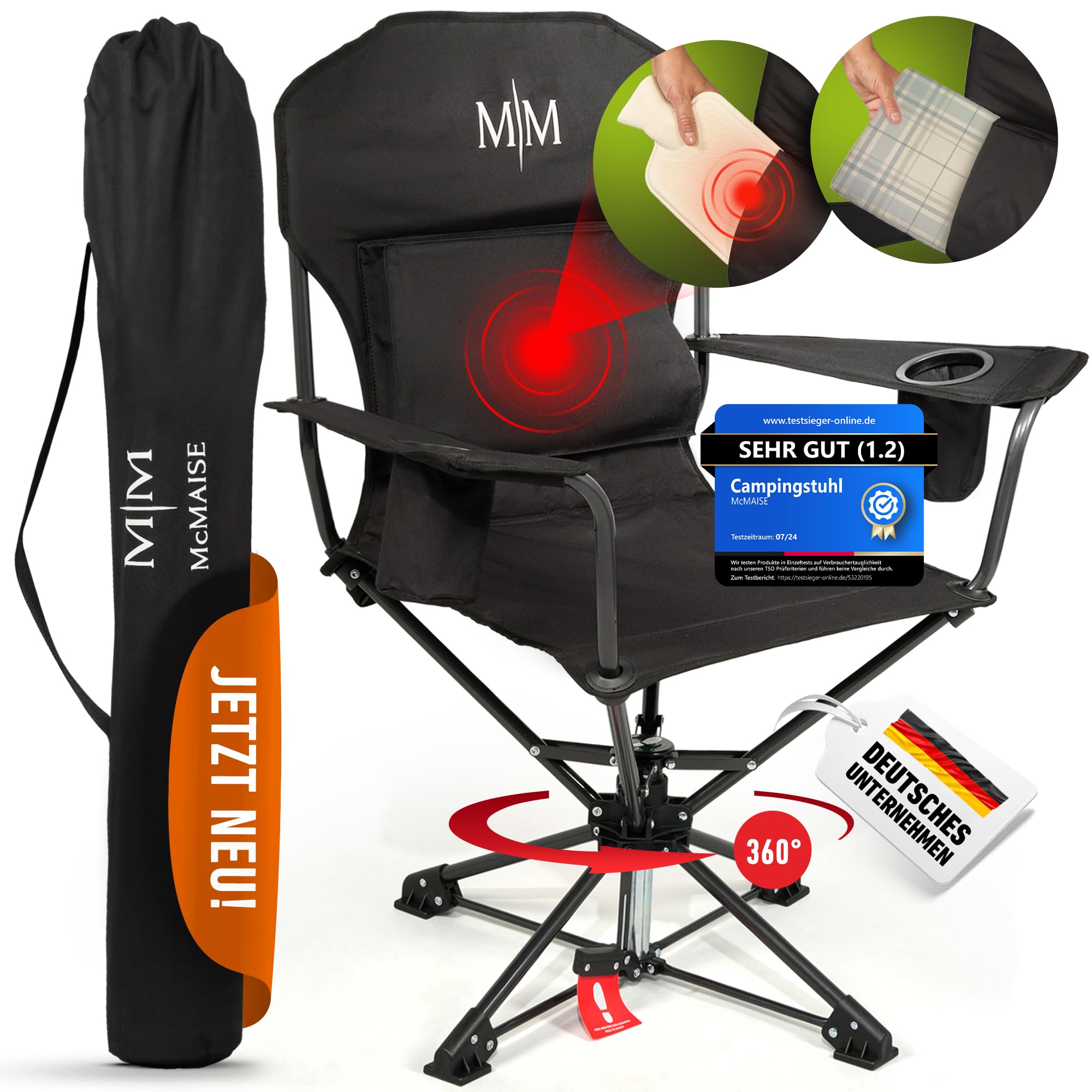 Sedia da Campeggio Pieghevole Nera 150kg