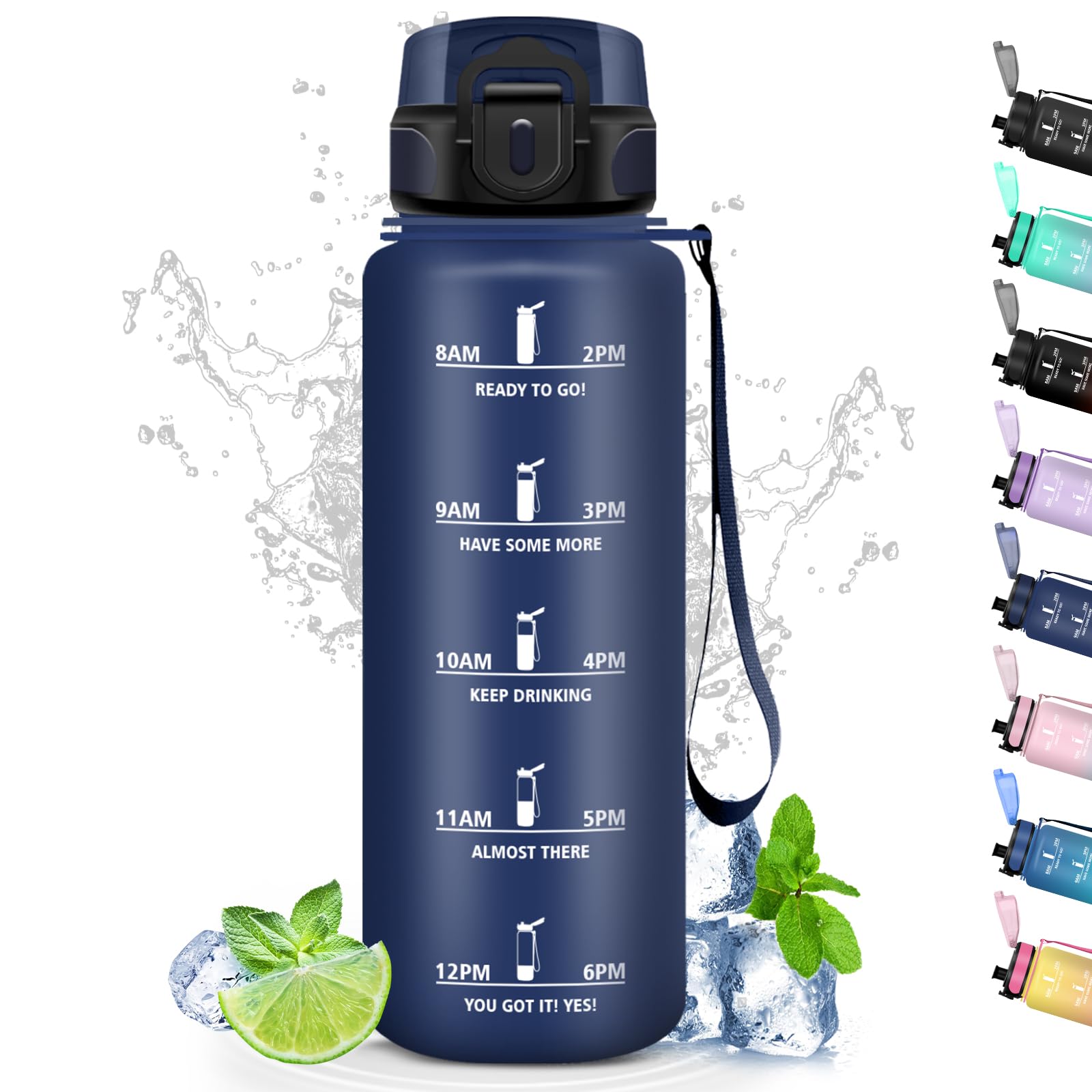 Grsta Borraccia 1,5 Litri, Borraccia Filtrante Senza Perdite, con Scala Temporale, per Bere di Piu, per Sport, Fitness, Escursionismo, Ciclismo, Outdoor, Yoga, Blu Navy