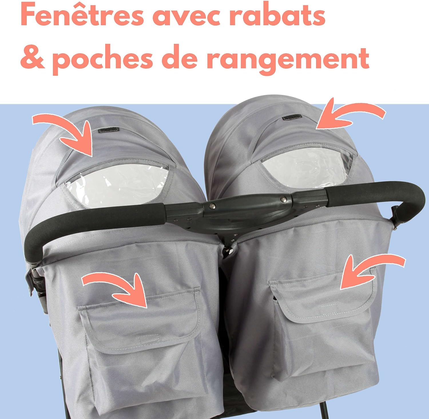 Bambisol Passeggino Doppio per Gemelli, Nero/Grigio - immagine 2