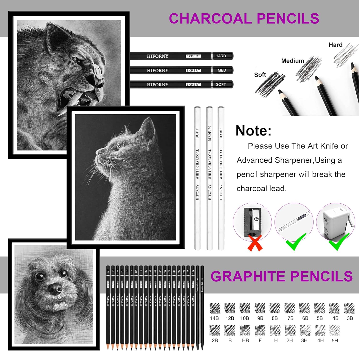 Hiforny Set 60 Matite per Schizzi e Disegno - immagine 5