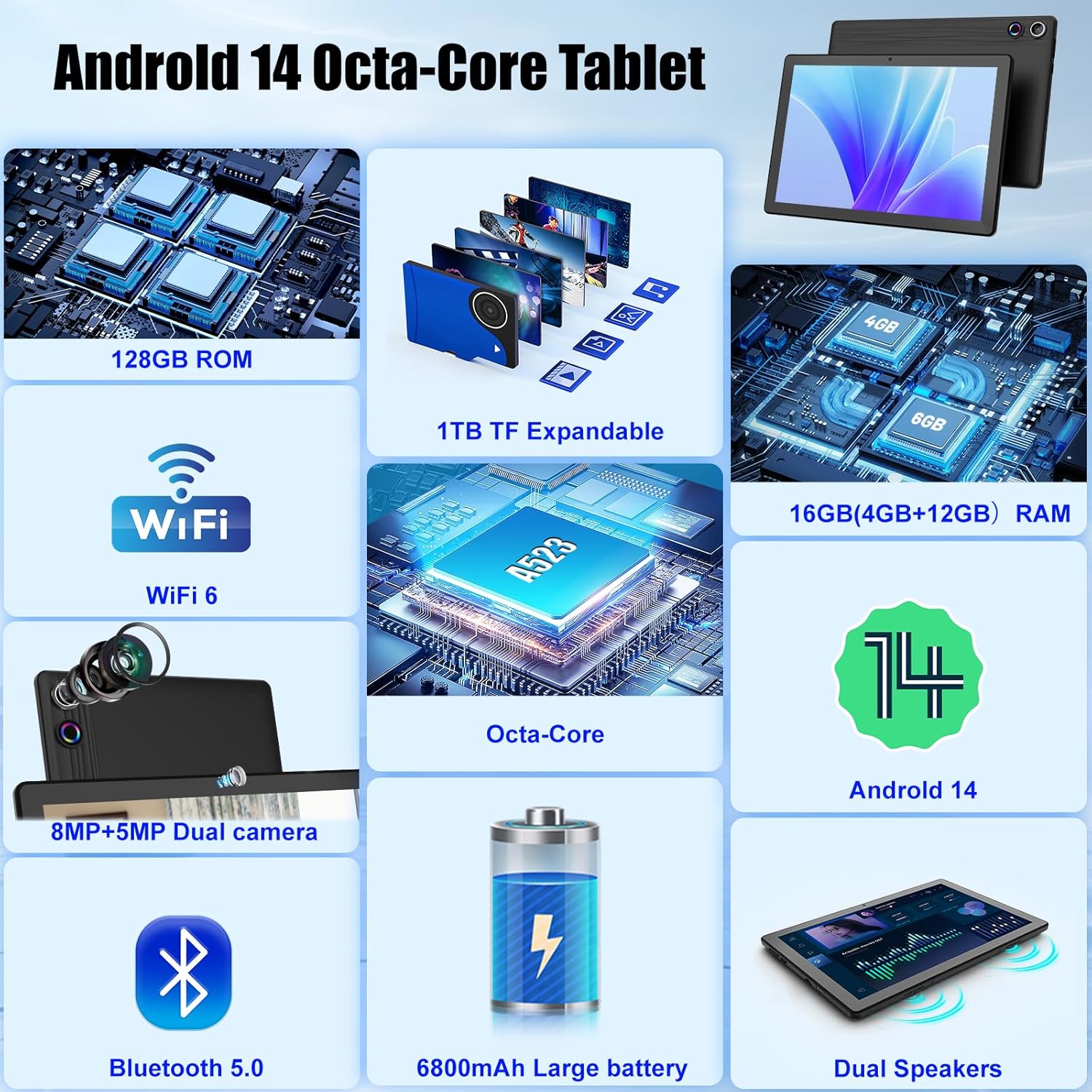Ainmel Tablet 11 pollici - Android 14 Octa Core, Nero - immagine 2