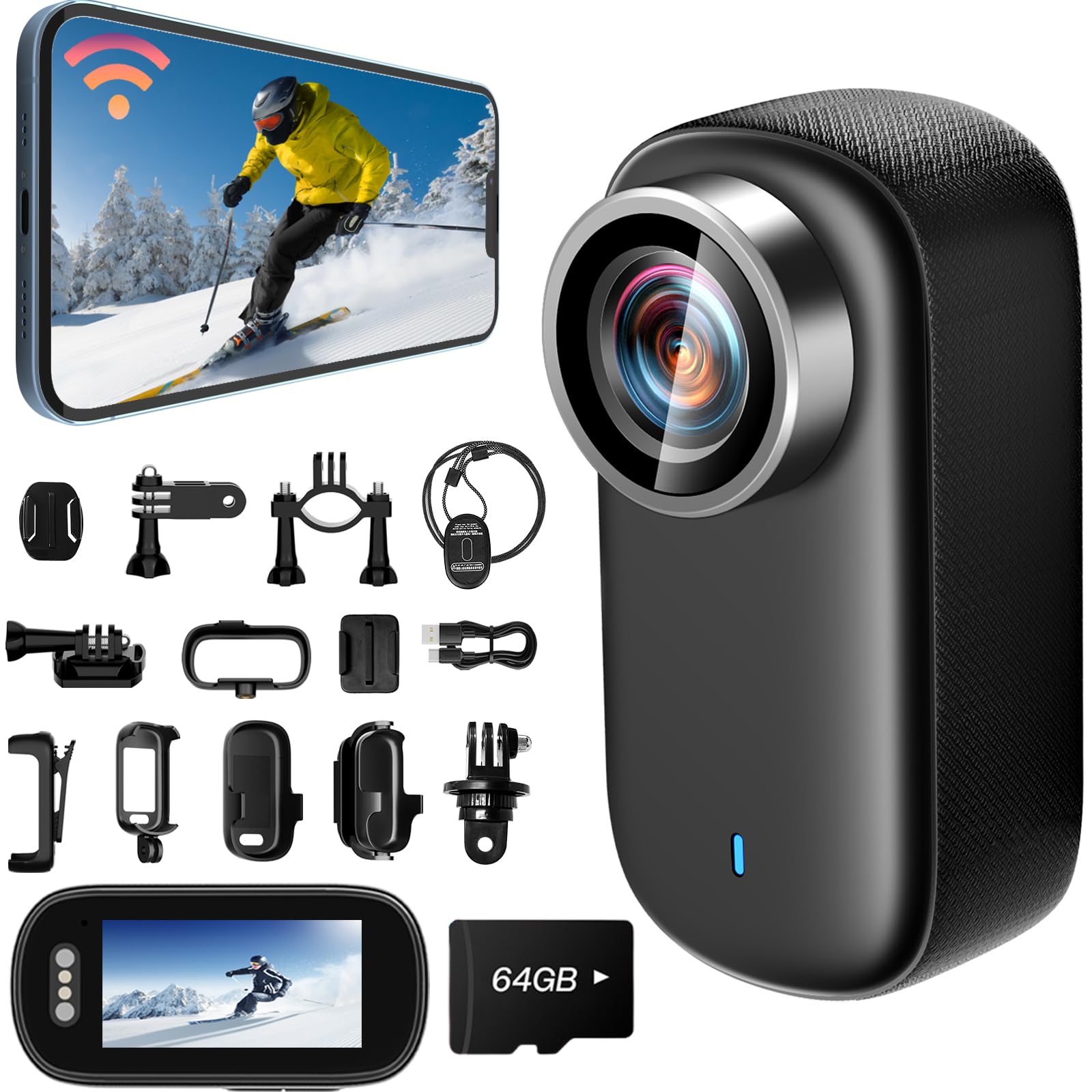 Mini Action Cam 4K UHD WiFi con Schermo 64GB